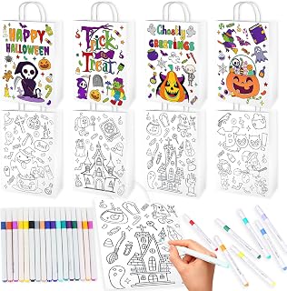 HABDJILTY 16 Set Halloween Color Your Own Gift Bags, DIY Coloring Trick or Treat Bags Pumpkin Paper Gift Goodie Candy Bag Painting Crafts for Halloween Party Art Activities Favor Supplies