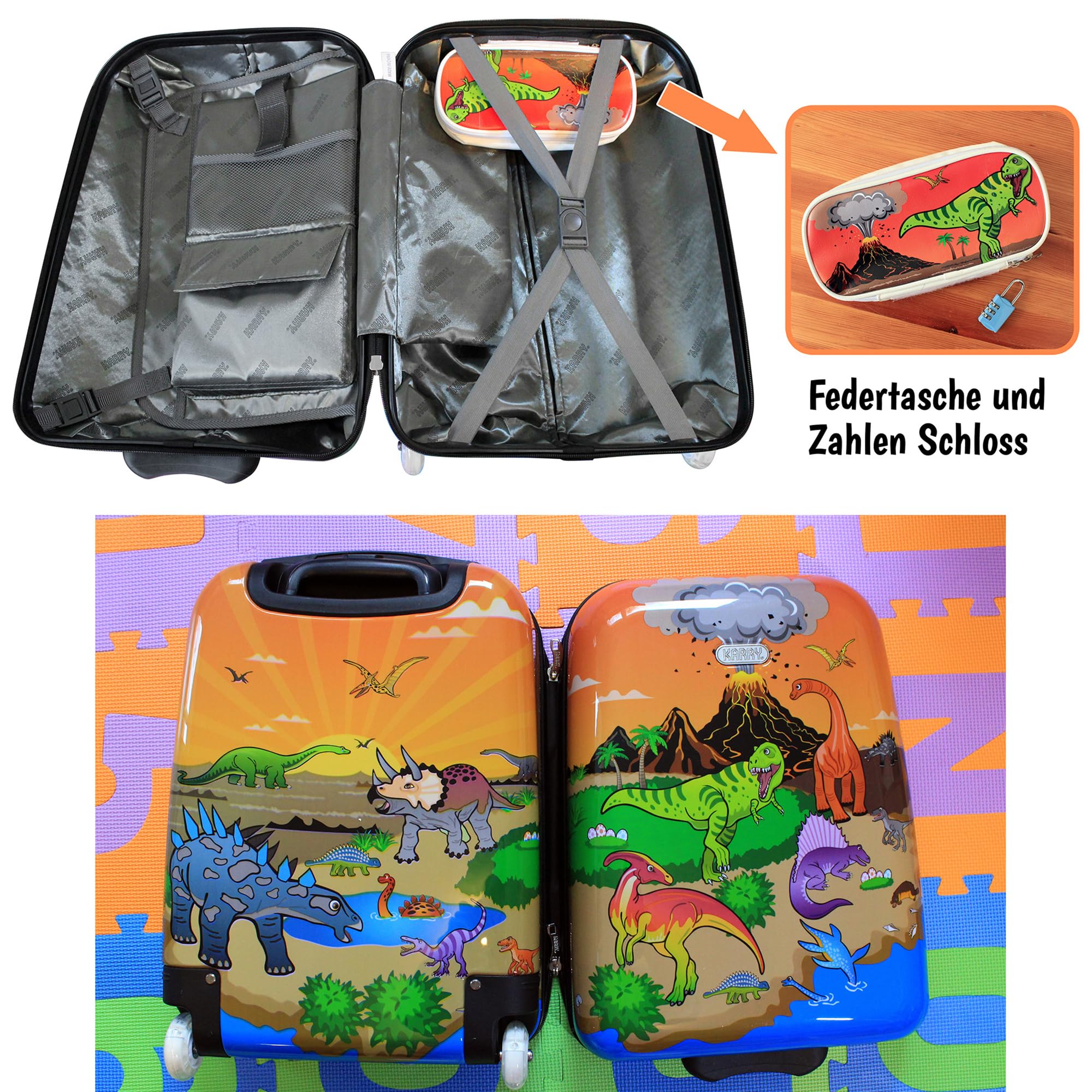Karry Kinder Koffer Reisekoffer Trolley Hartschalen Handgepäck Jungs LED Skater Rollen Dinosaurier
