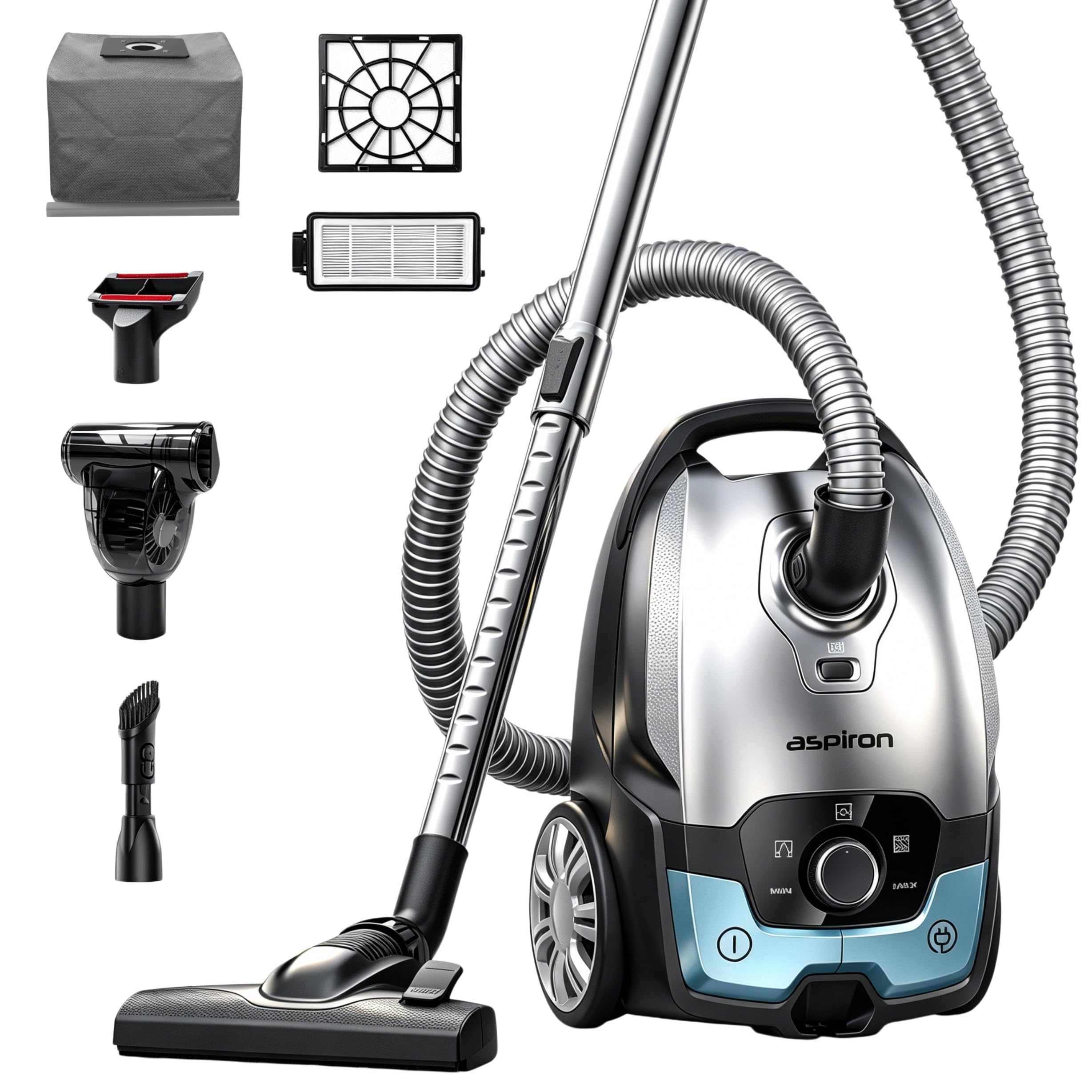 Aspiron Canister Vacuum Cleaner,1700W 45KPA Bagged Canister Vacuum,6QT Large Capacity,HEPA Filter,Auto Cord Rewind,Low Noise,Variable Power Control,8M Cleaning Radius for Hard Floor,Pet Hair,Carpet