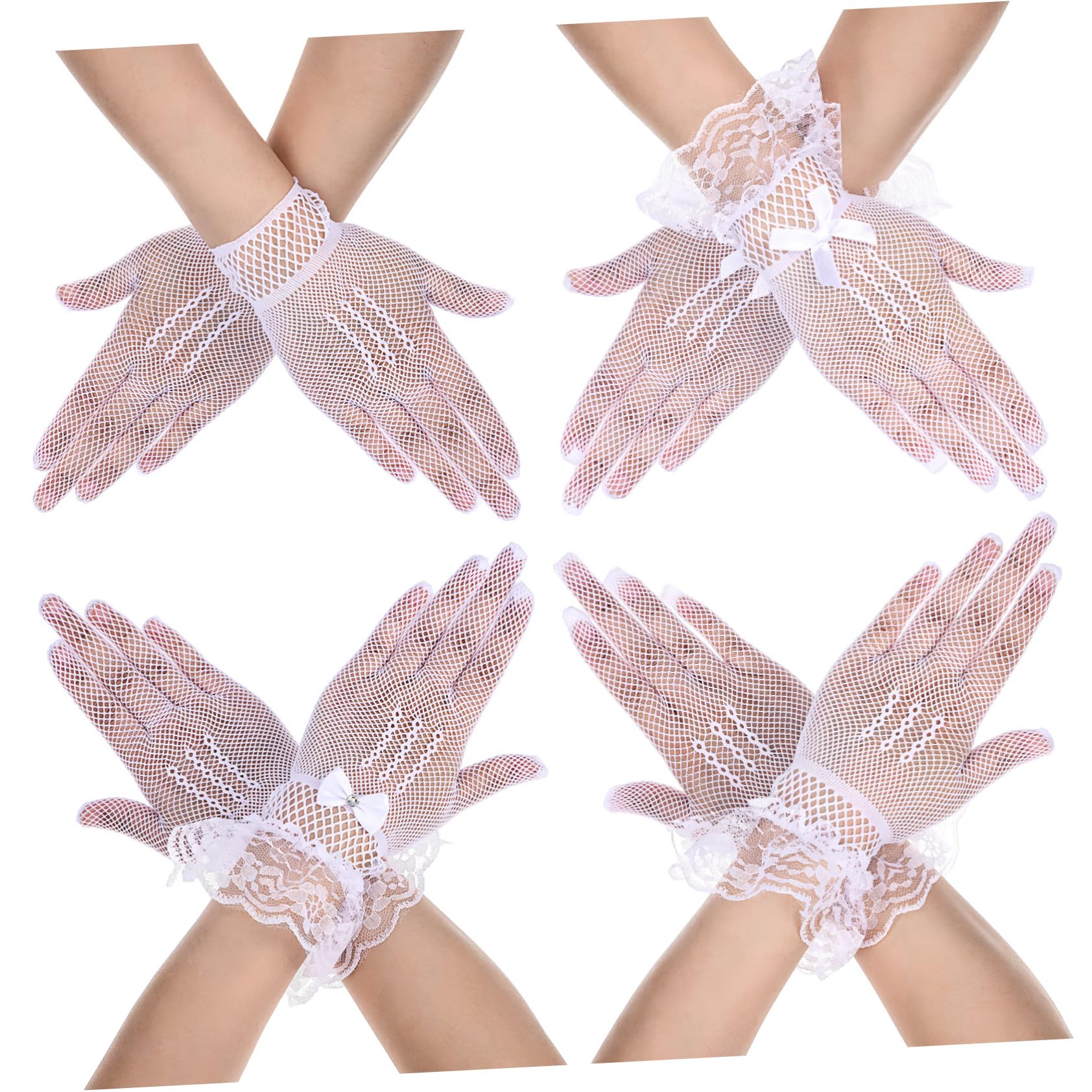 BESPORTBLE 12 Pares de Guantes de Malla para Boda, Blanco, Poliéster, Lentejuelas y Lazos, Cómodos y Reutilizables para Banquetes y Vestidos de Noche