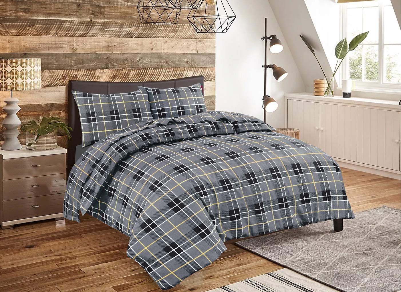 De Lavish Tartan Grey Flannelette Duvet Cover Set Check Printed Quilt Single Size Reversible Bedding With Pillowcase 100% Brushed Cotton,