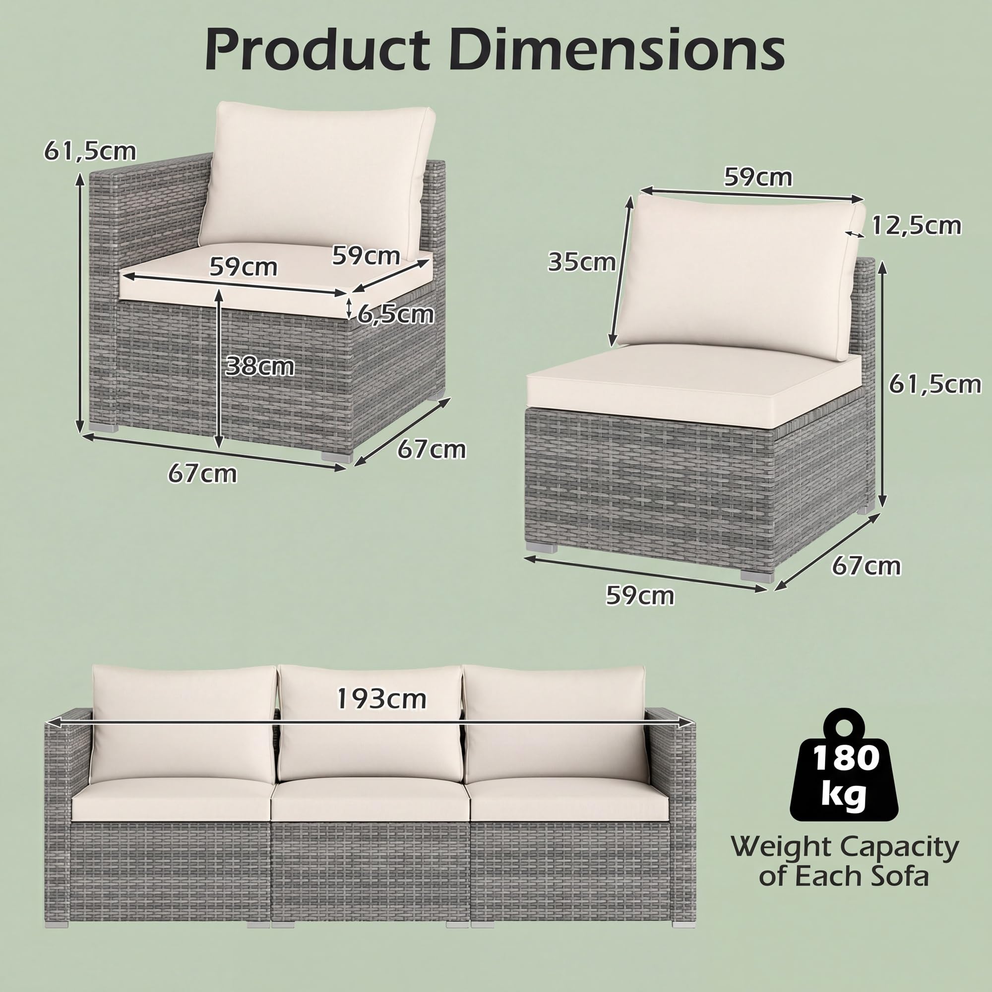 LIFEZEAL Canapé de Jardin 3 Places Rotin PE Charge 540 KG Modulable Beige