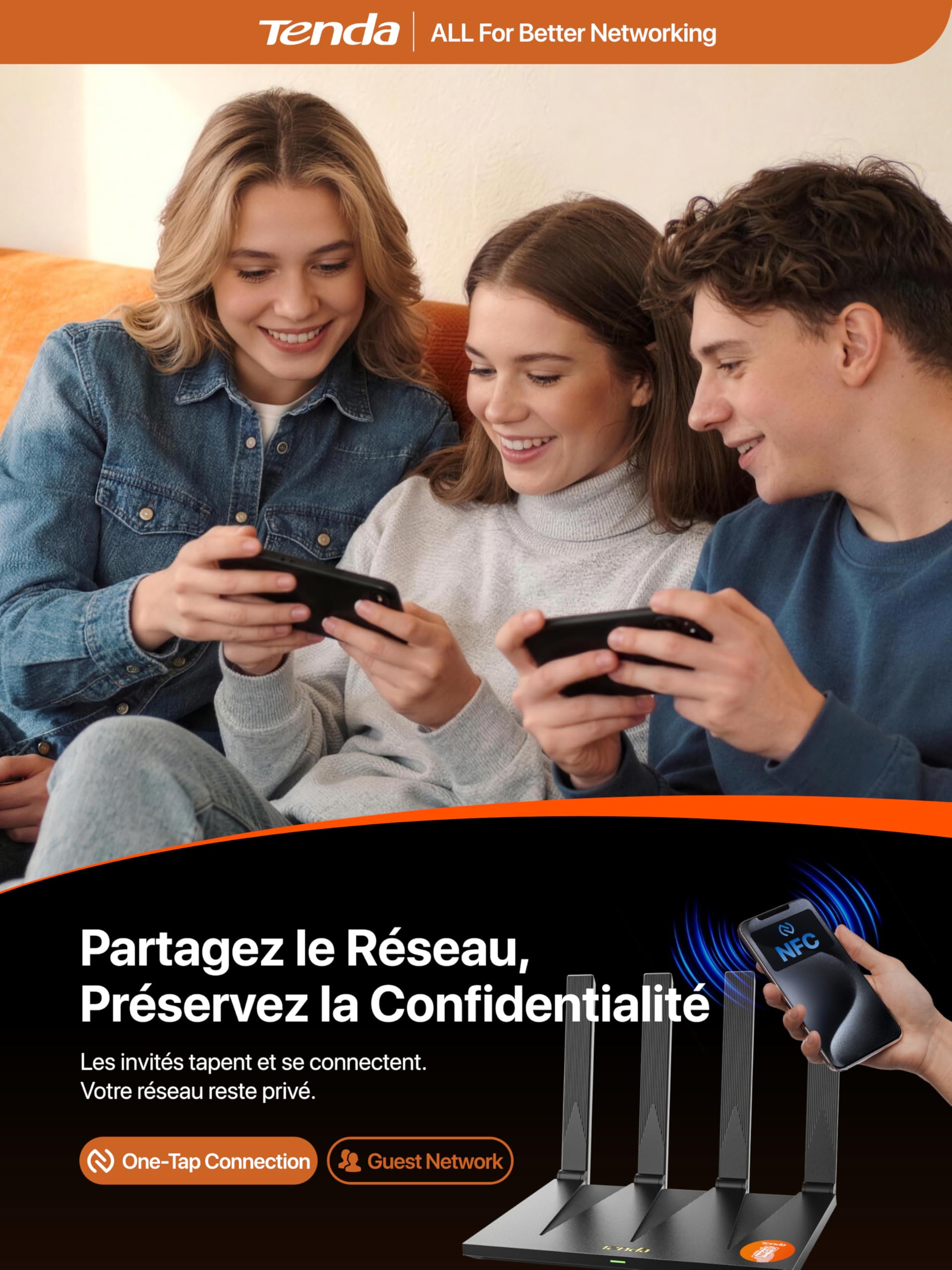 Tenda Routeur WiFi 6 AX3000 Dual Band Gigabit AX12 Pro, 5GHz : 2402Mbps + 2.4GHz : 574Mbps, 4 Ports Gigabit, EasyMesh, Contrôle Parental, MU-MIMO, OFDMA, VPN, Beamforming, NFC