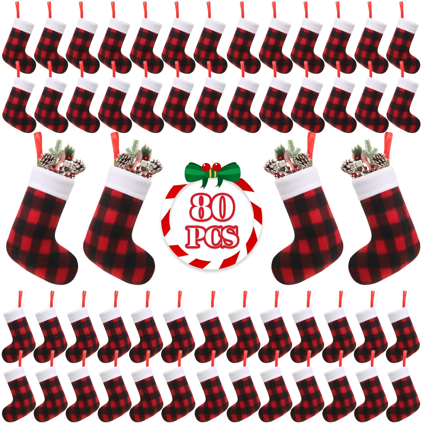 Lot de 80 chaussettes de Noël à suspendre - Motif écossais - 17,8 cm - Avec revers en peluche - Petites chaussettes de Noël à suspendre - Noir et rouge - Décorations pour festival de famille