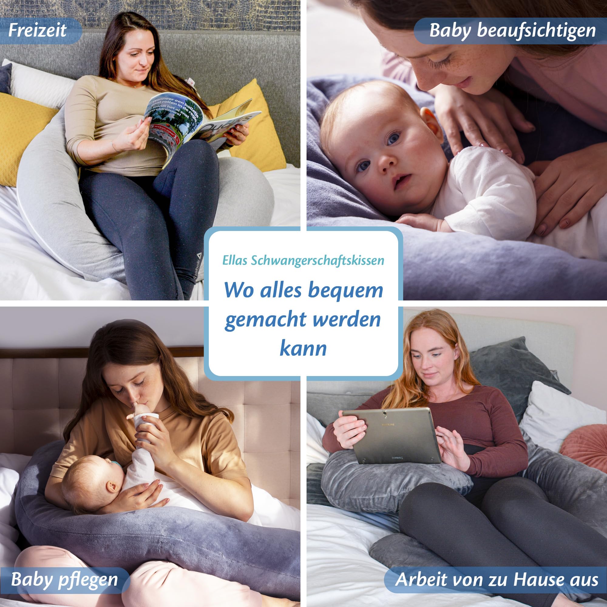 Ella Schwangerschaftskissen, J-förmiges Seitenschläferkissen, U-Kissen, Stillkissen mit waschbarem Baumwollbezug, Ganzkörperkissen & Stützkissen für Frauen, Seitenschläfer - 155 x 80 cm, grau