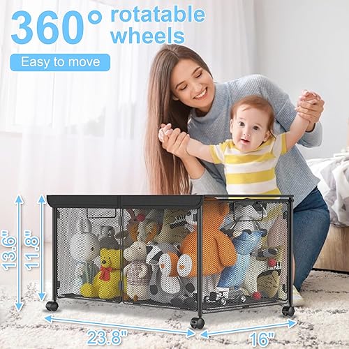 Miniatura 3 de Almacenamiento de juguetes, caja de juguetes de metal con ruedas, baúl grande de juguetes de 72 litros con tapa para juguetes, ropa, zapatos,