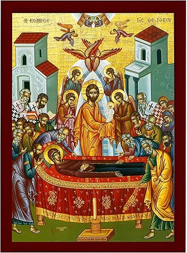 Dormition of Virgin Mary icon, Handmade Greek Orthodox Icon of Theotokos Assumption, Mother of God Byzantine art wall hanging plaque icon