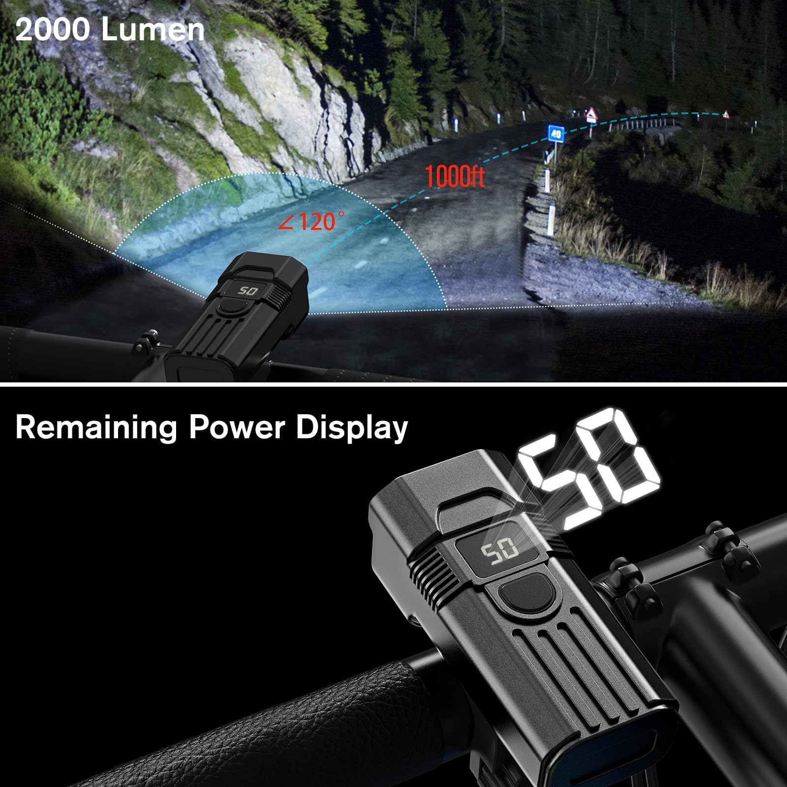 Ensemble de feux de vélo à DEL 2025, 2000 lumens, feux avant et arrière, autonomie de 36 heures de plus pour la route et le feu arrière