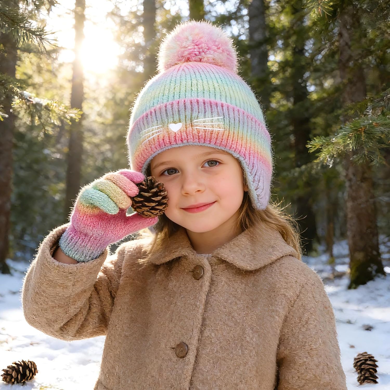 Girls Winter Hat and Gloves Set, Kids Cat Embroidered Knit Beanie with Earflaps Fleece Lined Pom Pom Ski Cap for 2-10Y - Image 4
