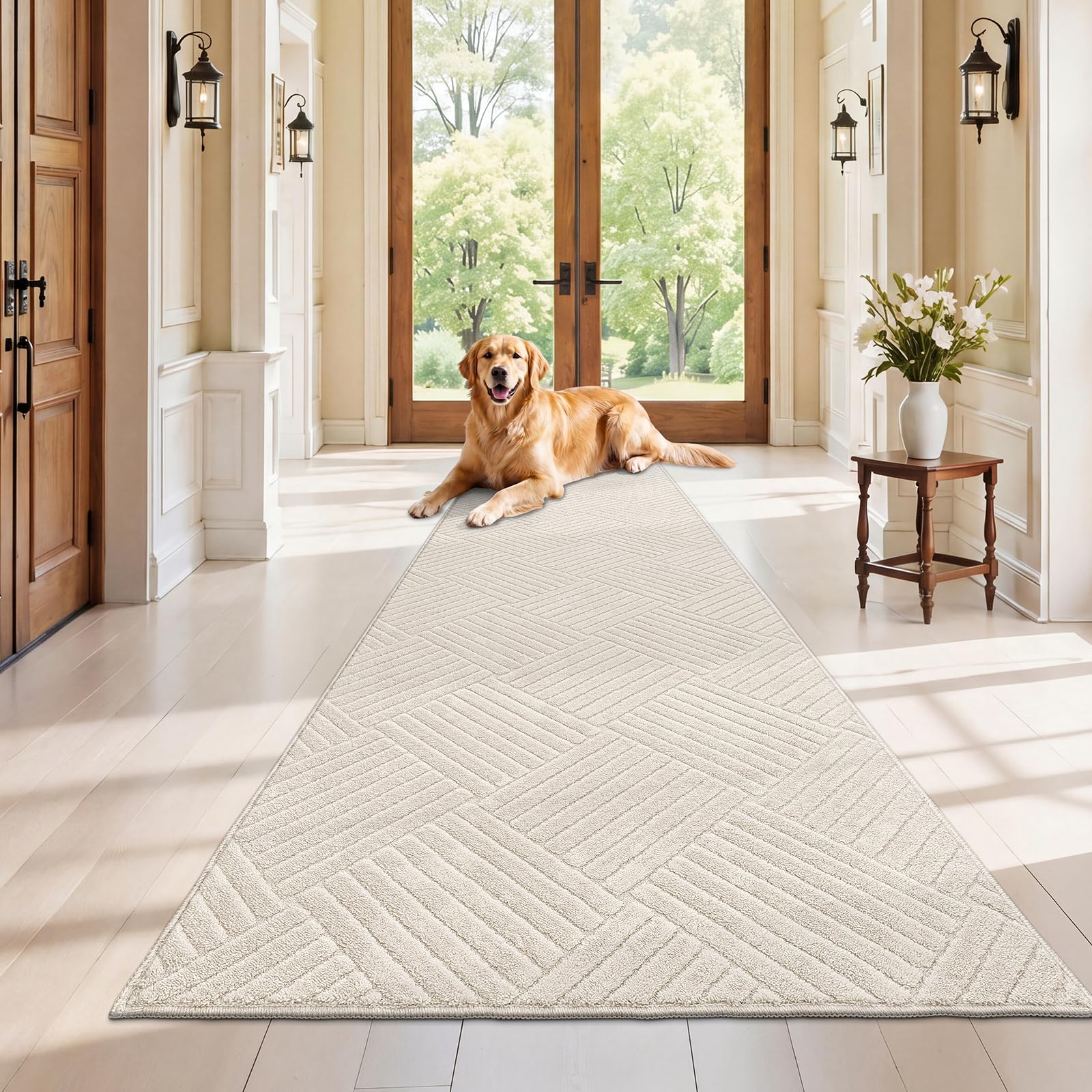 Lang Läufer Flur 80 x 300 cm Beige Waschbar rutschfest | Kurzflor Küchen Teppiche Matte Weicher, 3D Effekt Moderner Carpet für Eingang, Schlafzimmer, Wohnzimmer und Esszimmer