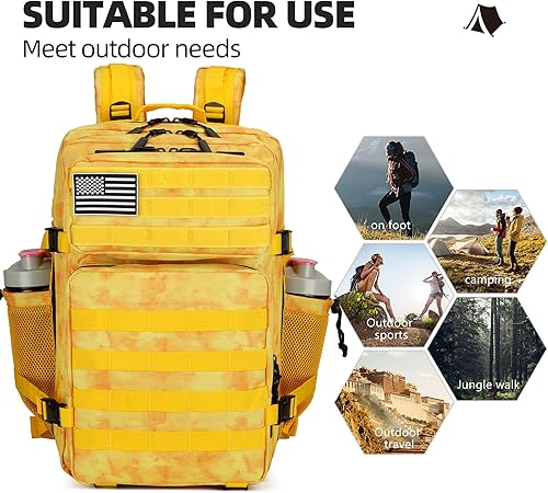 Miniatura 2 de Mochila táctica de asalto de 45L, paquete de asalto de 3 días con Molle, mochila impermeable y rústica para mochilas tácticas, Amarillo, Grande,