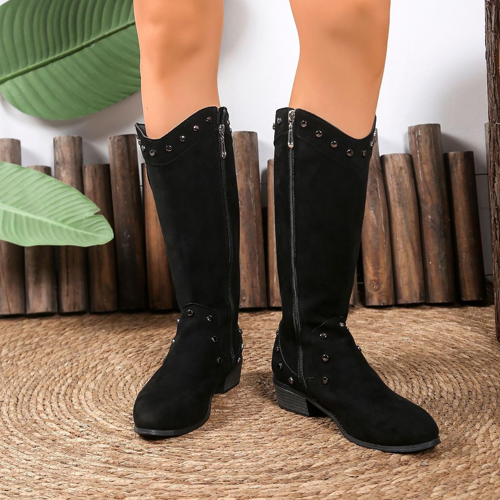 Generisch Cowboystiefel Damen Westernstiefel Herbstschuhe Overknees Stiefel Hoch Wasserdichte Schuhe Weitem Schaft Festival Cowboy Boots Vintage Stiefeletten Schlupfschuhe Blockabsatz Cowboystiefel