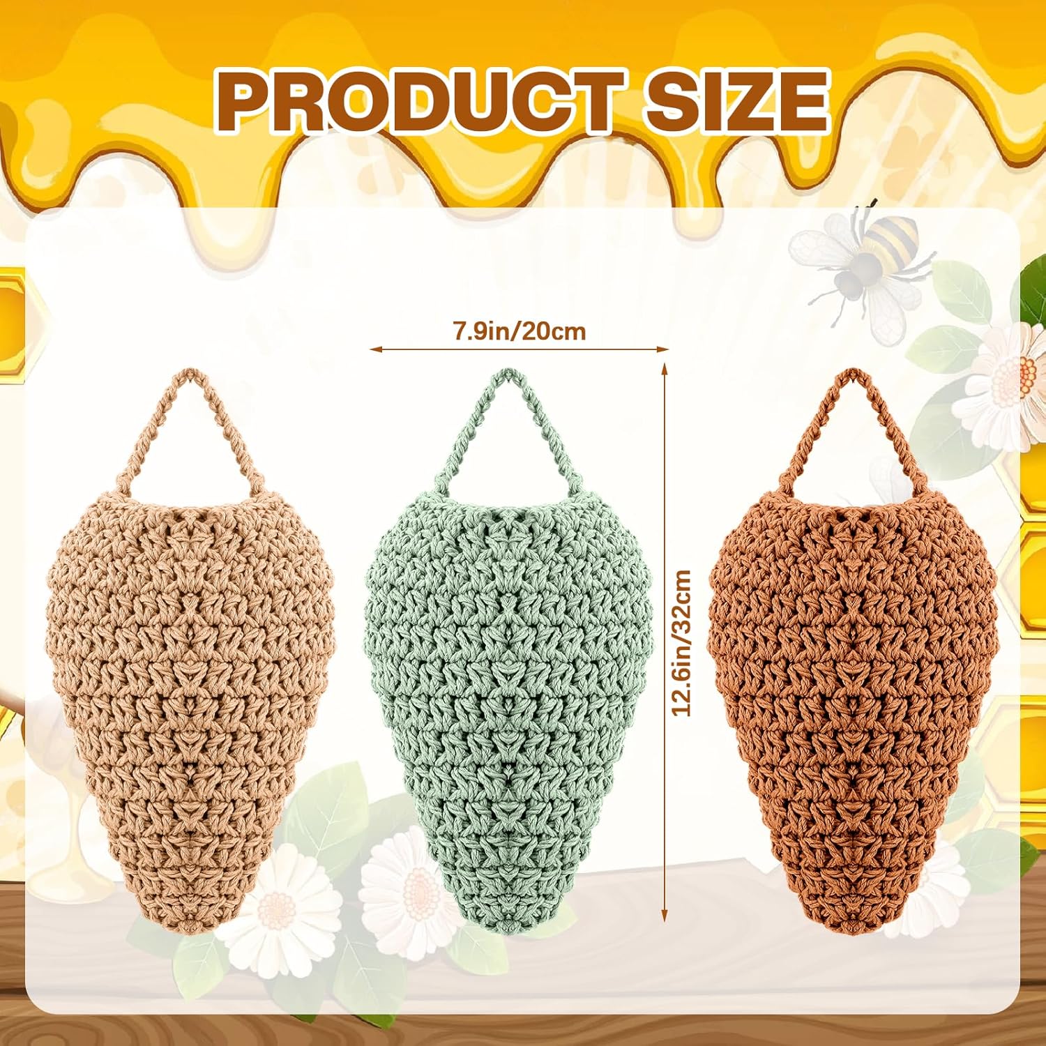 Qualirey 6 Pack Large Crochet Wasp Nest Decoys Hanging Fake Wasp Nest Deterrent Outdoor Crochet Decoys for Patio Garden Yard Eaves Uses, 12.6" x 7.9"