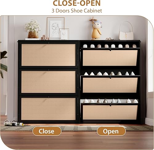 Miniatura 7 de AVZEAR Armario estrecho de almacenamiento de zapatos para entrada con panel de lino natural, gabinete de zapatos delgado independiente con 3 cajones