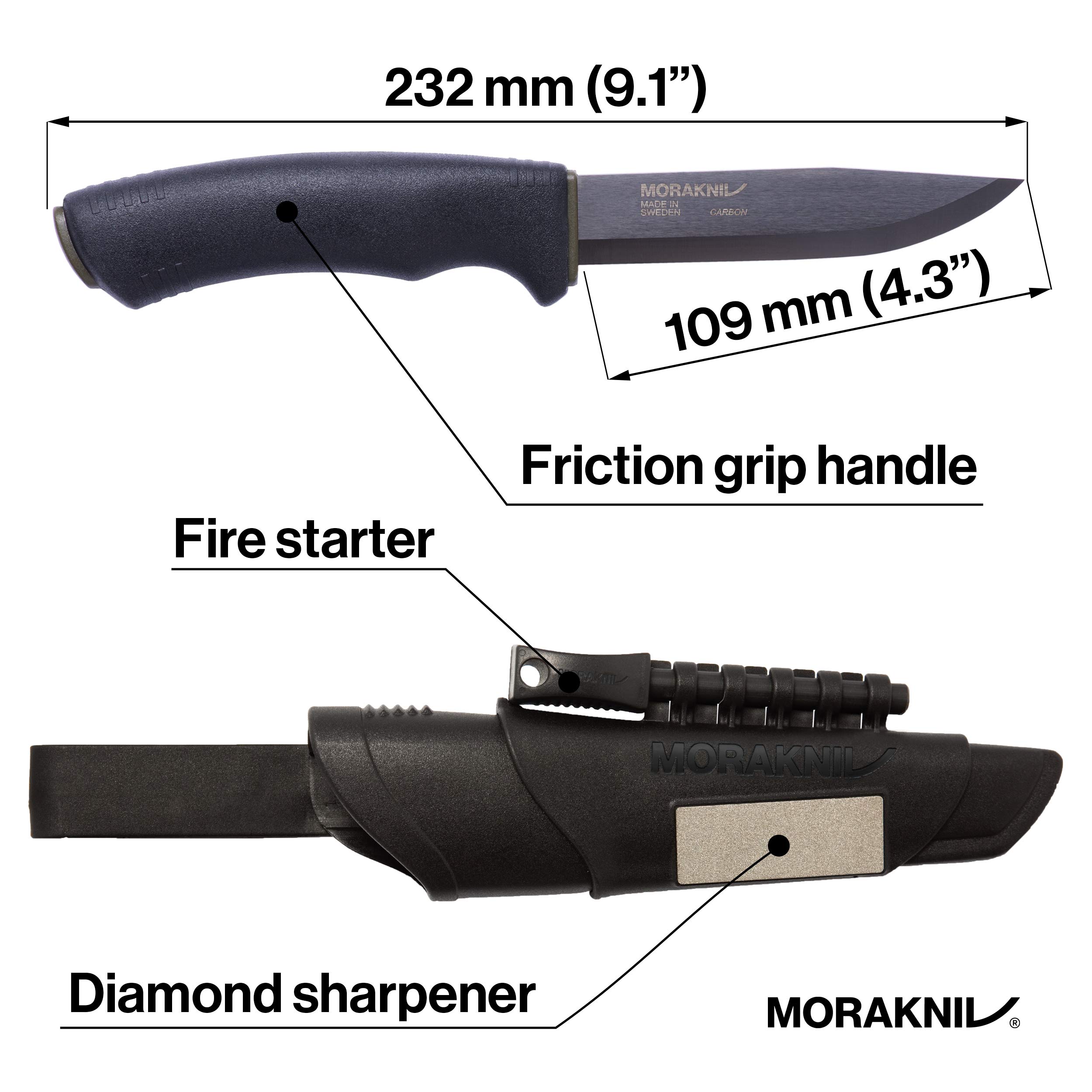 Morakniv Bushcraft Carbon Steel Survival Knife with Fire Starter and Sheath, 4.3Inch, Black