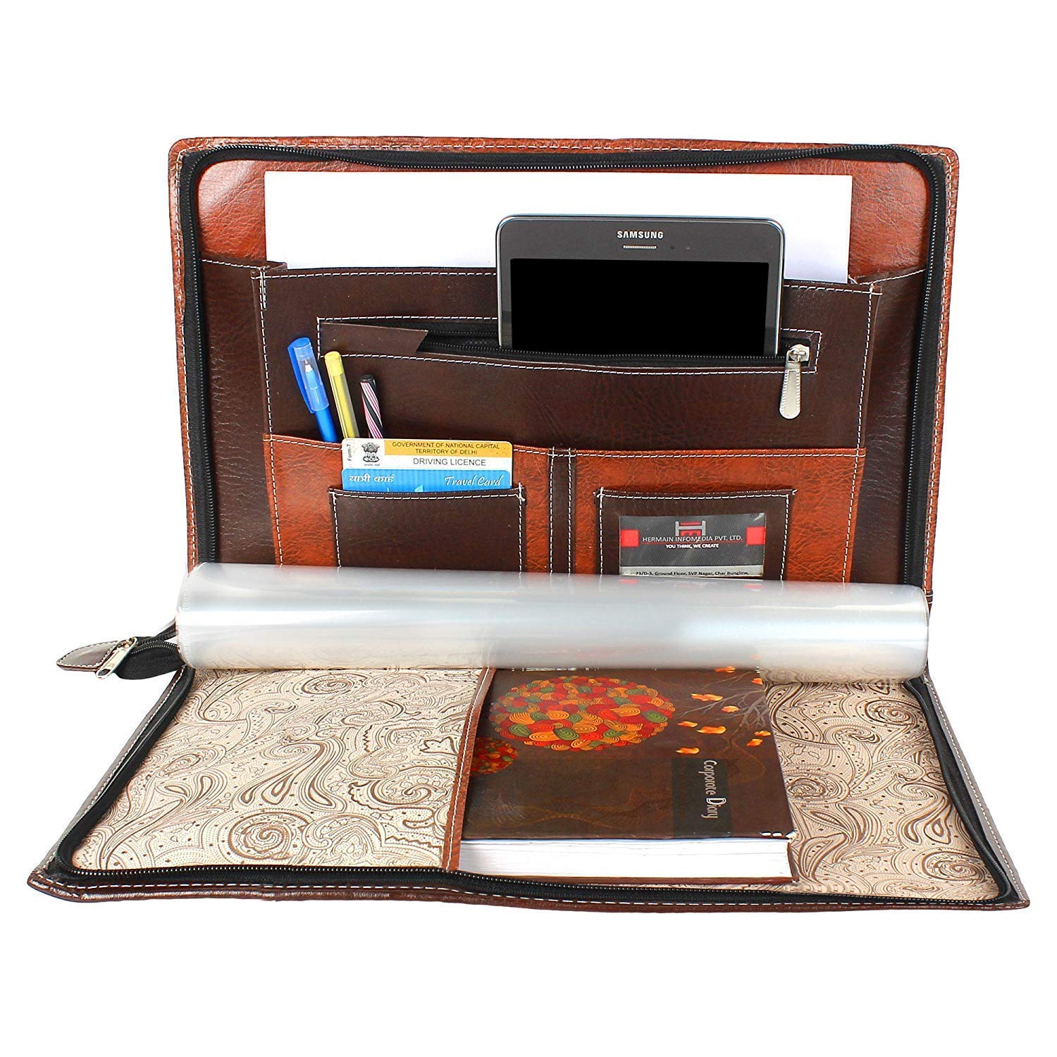Freedy Carpeta de documentos de tamaño B4, soporte de papel legal, material de piel sintética, profesional, impermeable, archivador de oficina con 20 hojas, color marrón