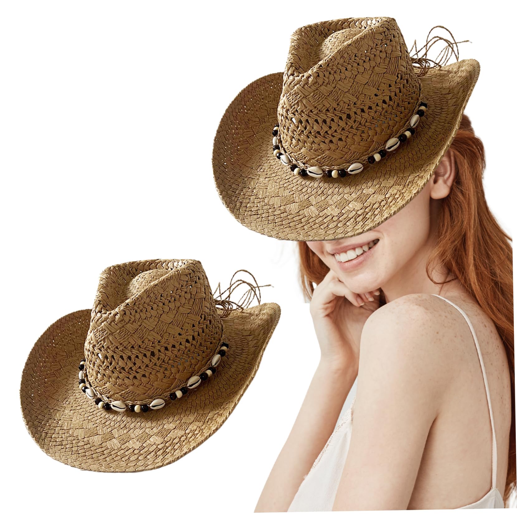 Stroh Cowboy Hut breiter Krempe Stroh Cowgirl Hut Roll up westlicher Hut mit Saitenhut für Strand, Cowboy Strohhut