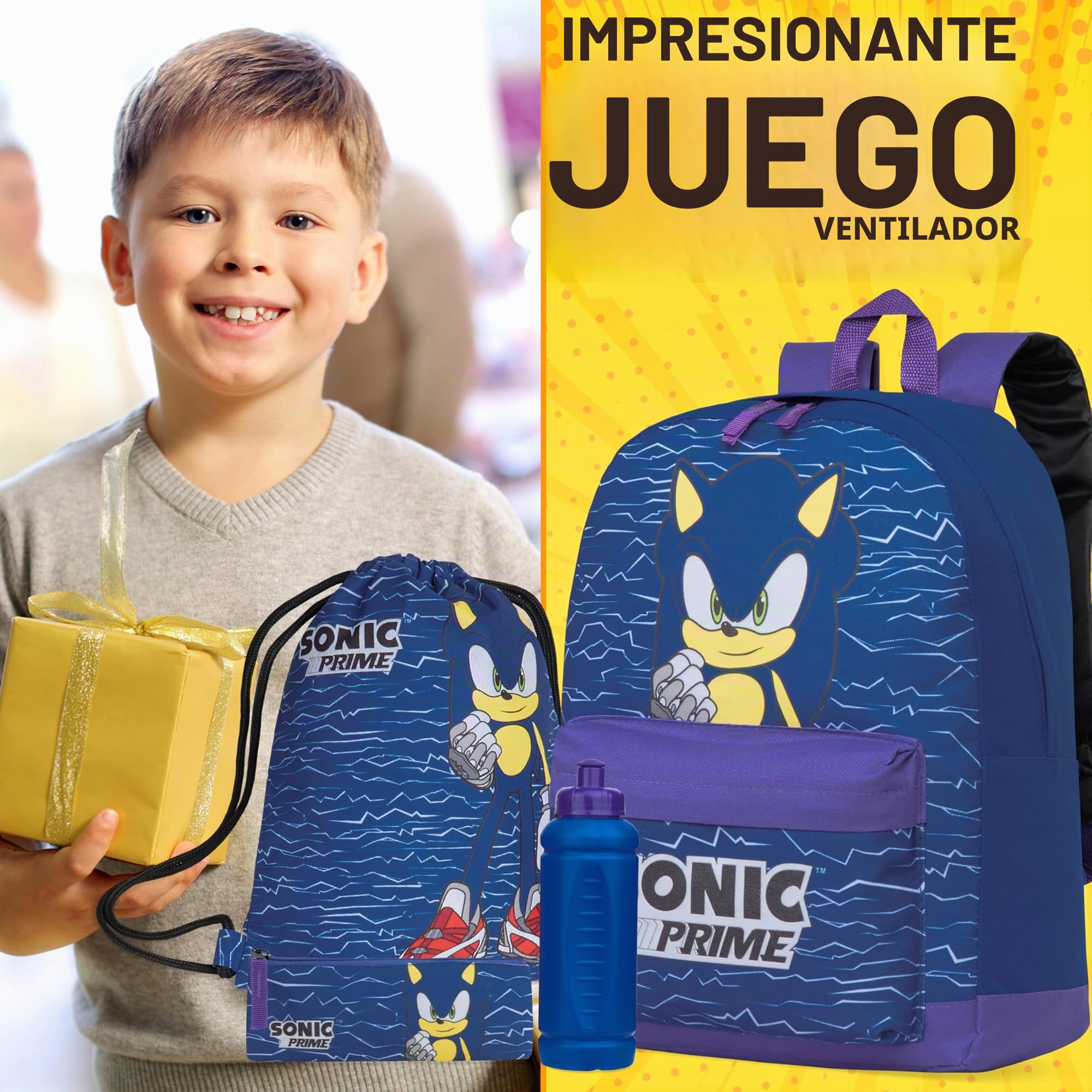 Sonic The Hedgehog Mochila Escolar Niño, Set Escolares de 4 Piezas con Mochila, Bolsa, Estuche y Botella Agua para Niños