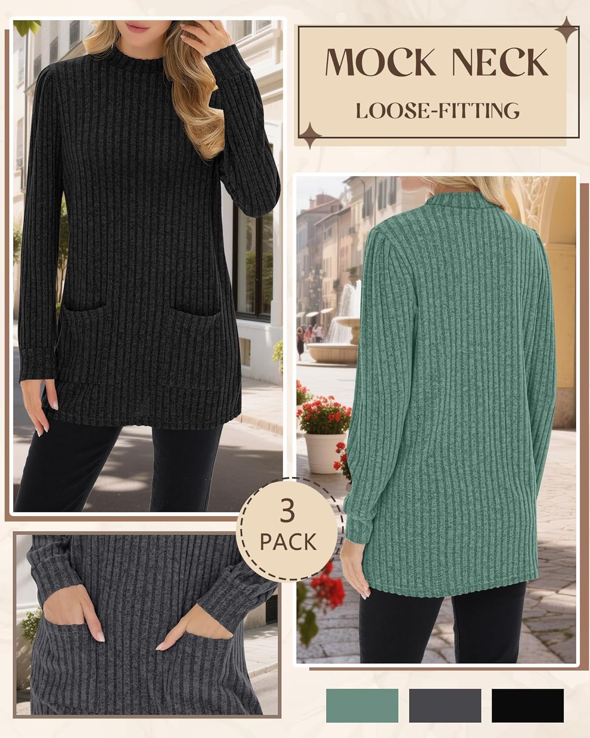 3 Pack Women's Long Sleeve Mock Neck Sweaters, Ribbed Knit Long Tops Turtleneck Loose Fit Tunic Shirt with Pockets - Image 5