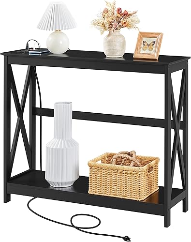 Miniatura 8 de Yaheetech Mesa consola con tomas de corriente y puertos USB, mesa de entrada con estantes de almacenamiento, mesa de sofá estrecha larga con diseño