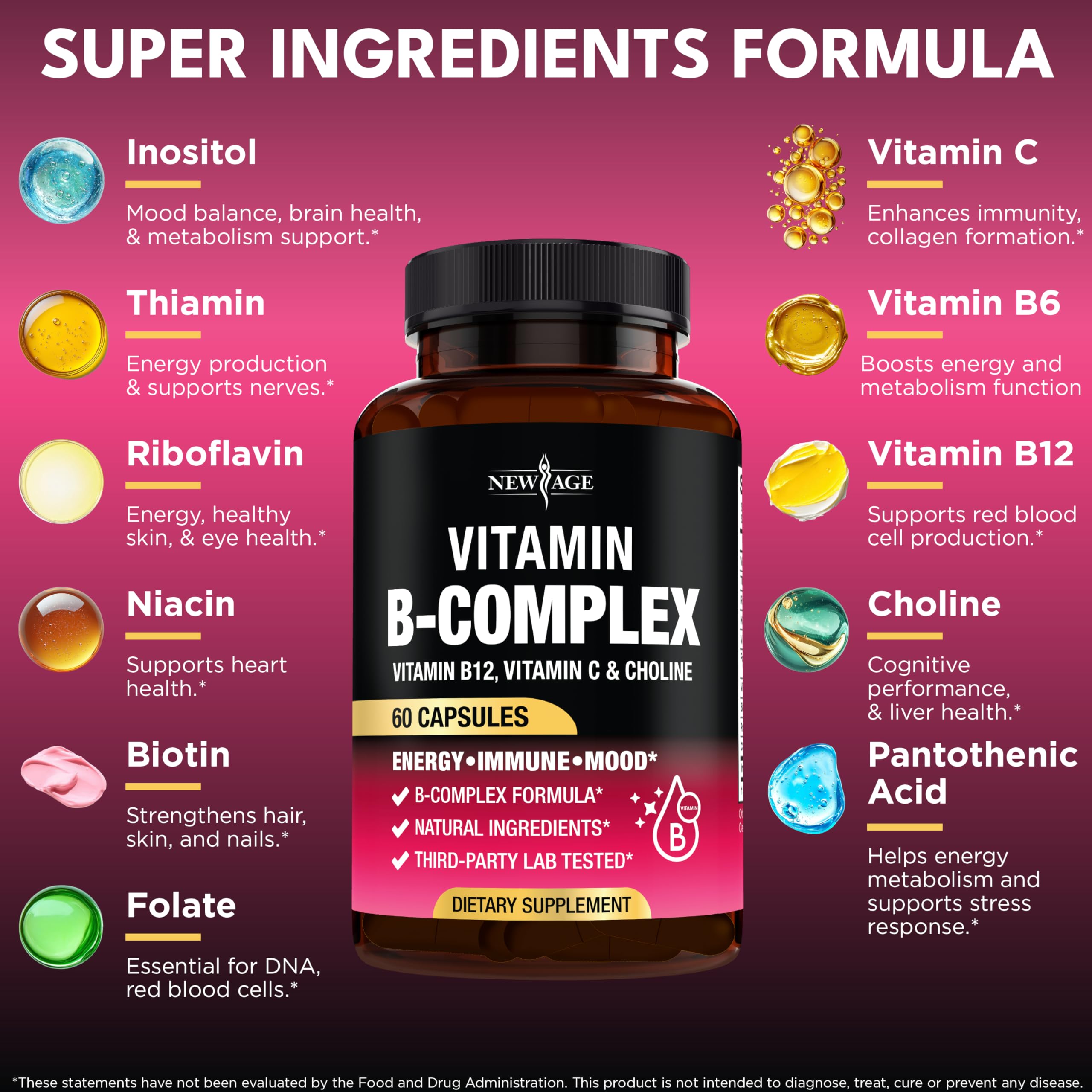 NEW AGE Vitamin B Complex for Men & Women, Made in USA, B-Complex: B1, B2, B3, B5, B6, B7, B8, B9, B12 with Vitamin C, Choline, Inositol, Energy, Brain & Heart Support, 60 Vegan Capsules — Amazon image 2