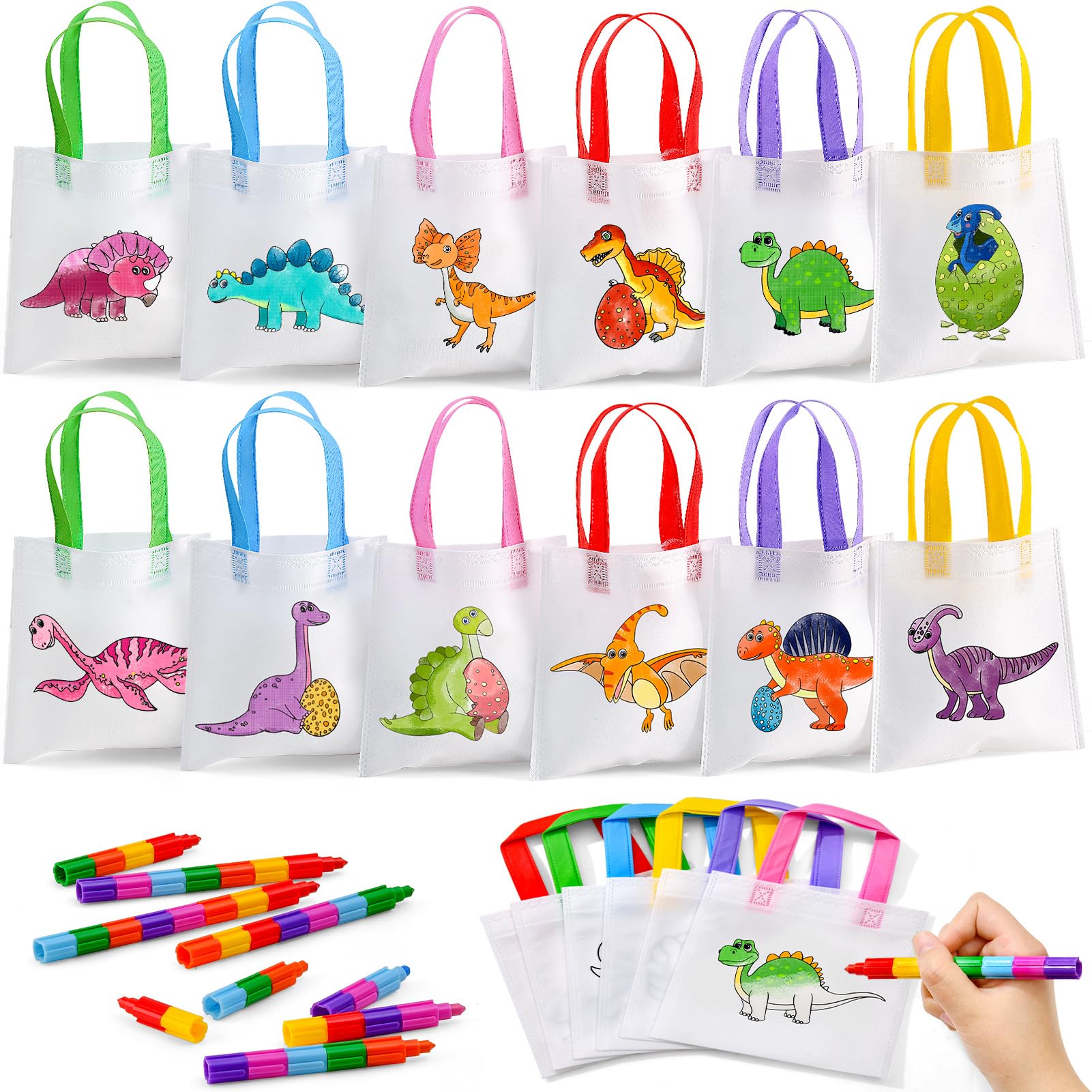 12Stk. Dinosaurier Taschen zum Bemalen Vliesbeutel Stoffbeutel zum Bemalen für Kinder mit Stapelbar Wachsmalstifte Geschenktüten Mitgebsel Gastgeschenk Kindergeburtstag Taschen Malset Bastelset Kinder