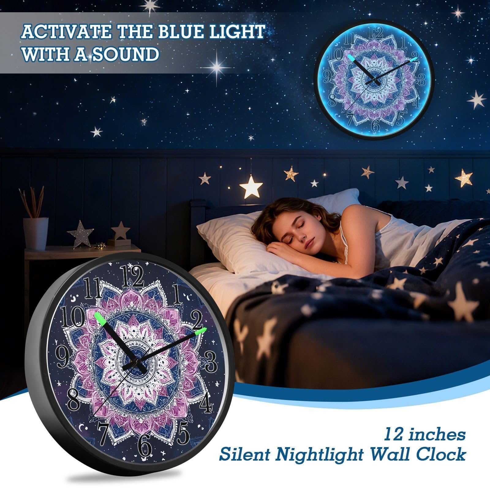 Mnsruu Reloj de pared luminoso con diseño de mandala, luna oscura, reloj de pared que brilla en la oscuridad, funciona con pilas, silencioso, sin tictac, luz nocturna para dormitorio