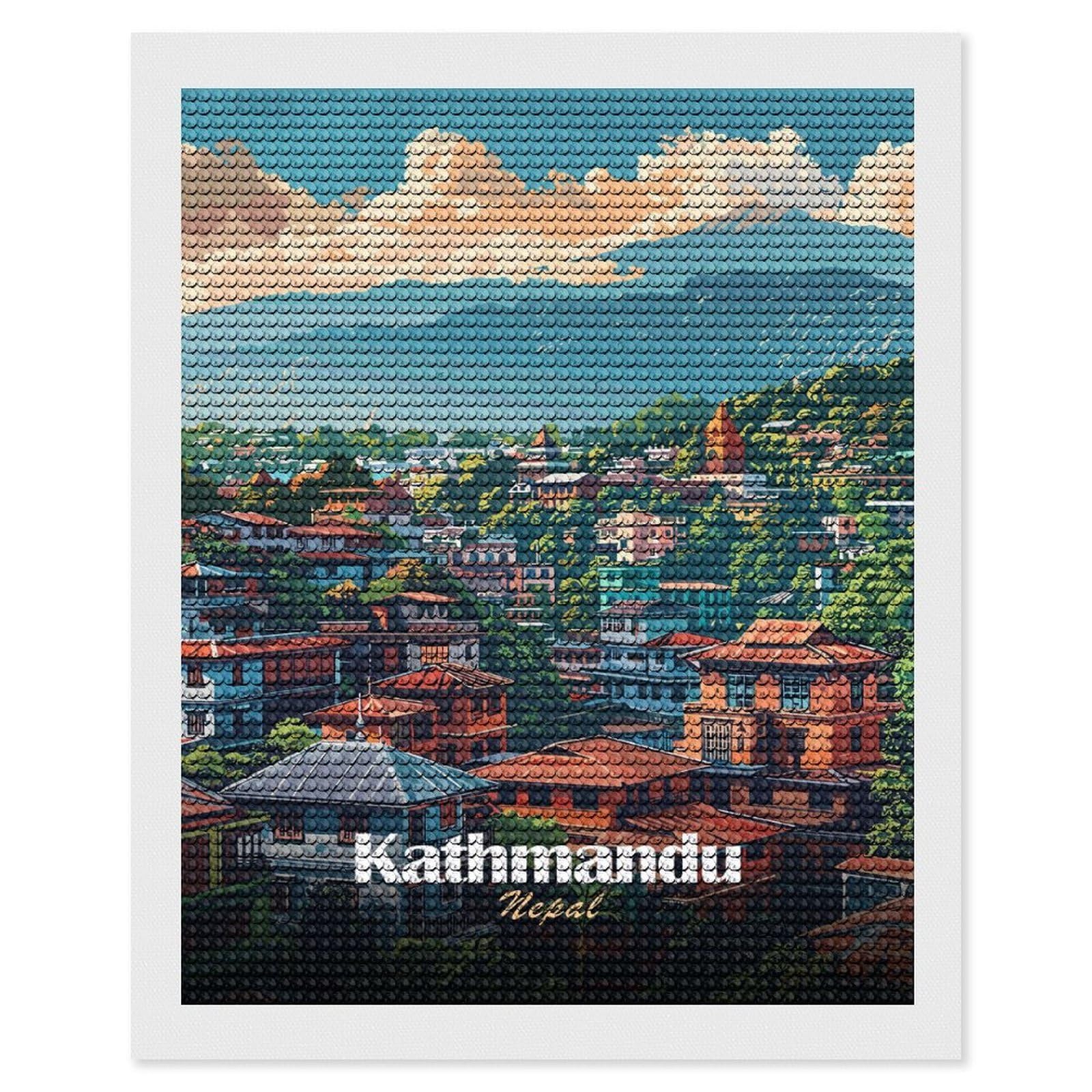 Junmoney Kathmandu, Nepal Cityscape Illustration Diamond Painting Canvas Kit 16"x20", for Teens, Vintage Style Decor, Modern Decor, Home Wall Art, Festive Craft Gift