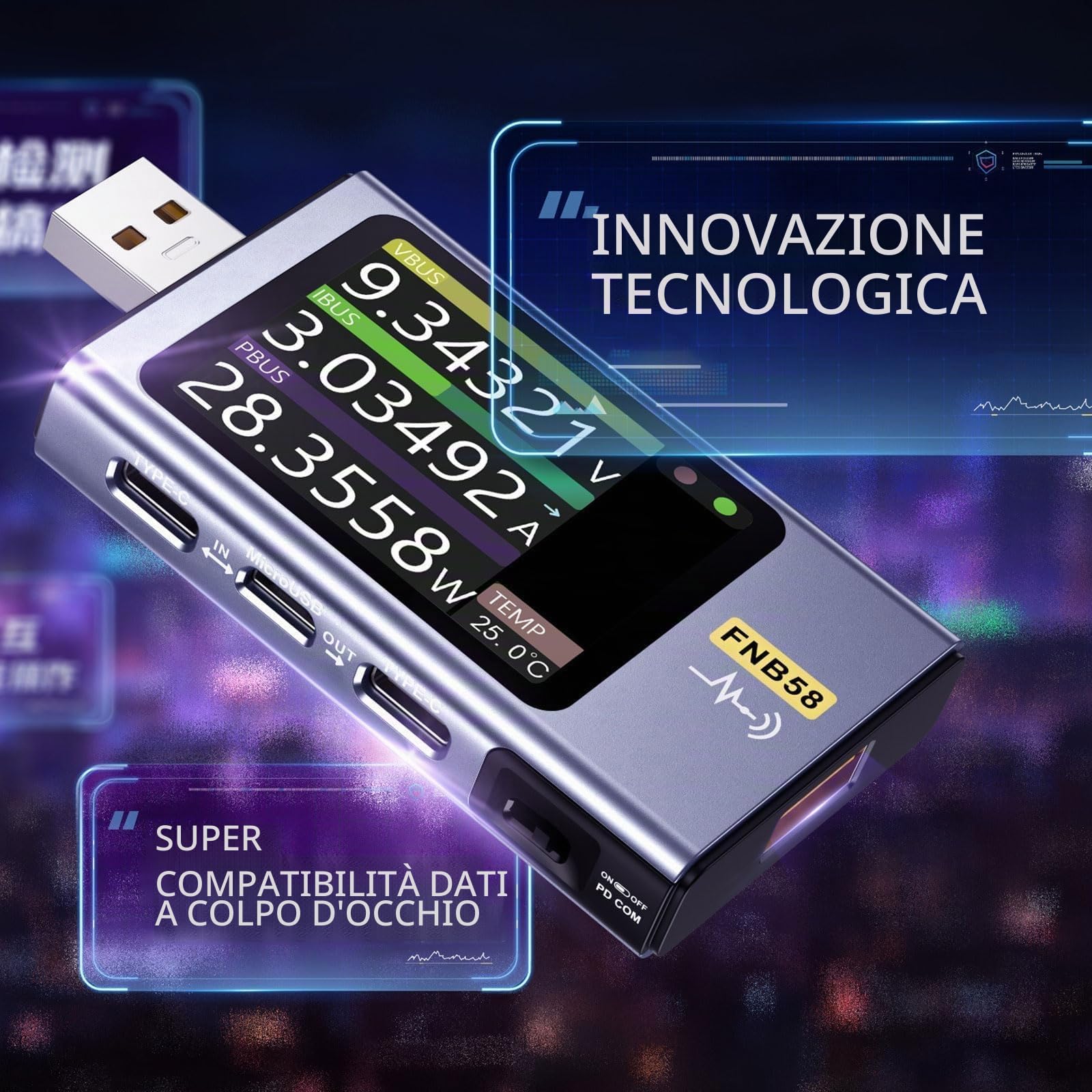 ARCELI FNB58 Tester USB, voltmetro digitale, amperometro, misura della capacità e del ripple con Bluetooth, trigger, rilevamento rapido della carica 4-28 V tensione di monitoraggio