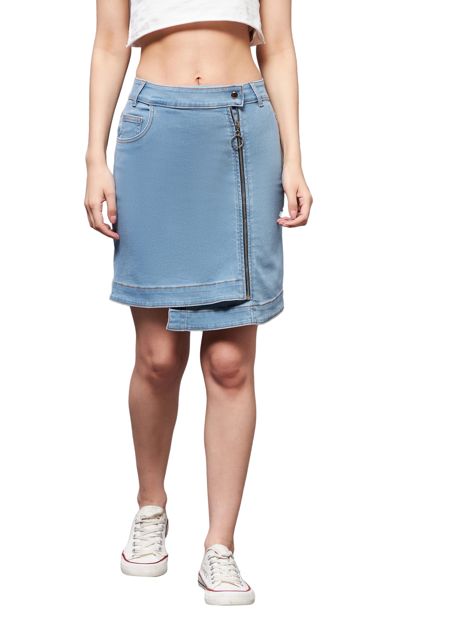 miss chase Women's Light Blue Regular High Rise Clean Look Above Knee Stretchable Denim Skirt-picture-27