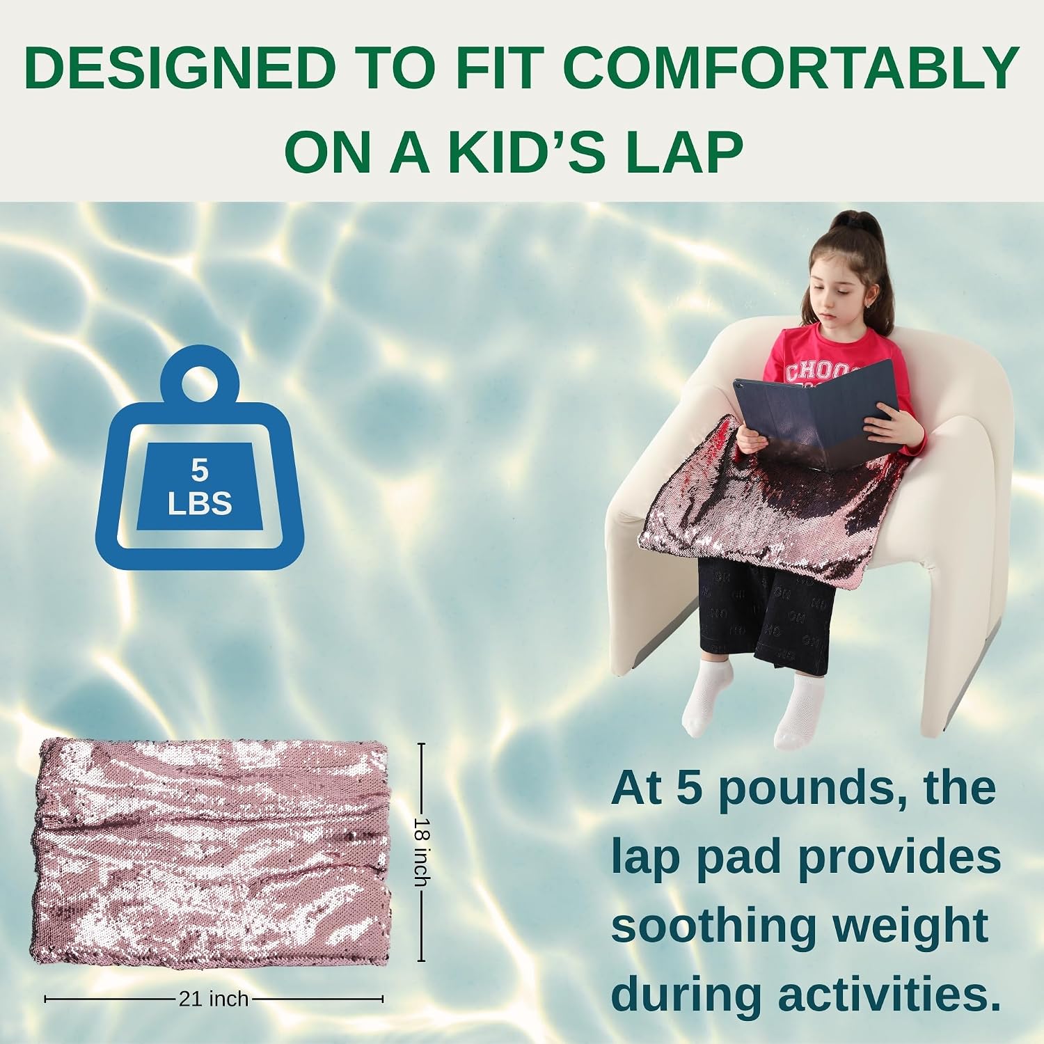 Weighted Lap Pad 5lbs with Sequin Fabric for Kids in Pink | Small Sensory Blanket for Fun Interactive Stimulation for Calming and Focus, Tactile Play for Home, School and Travel