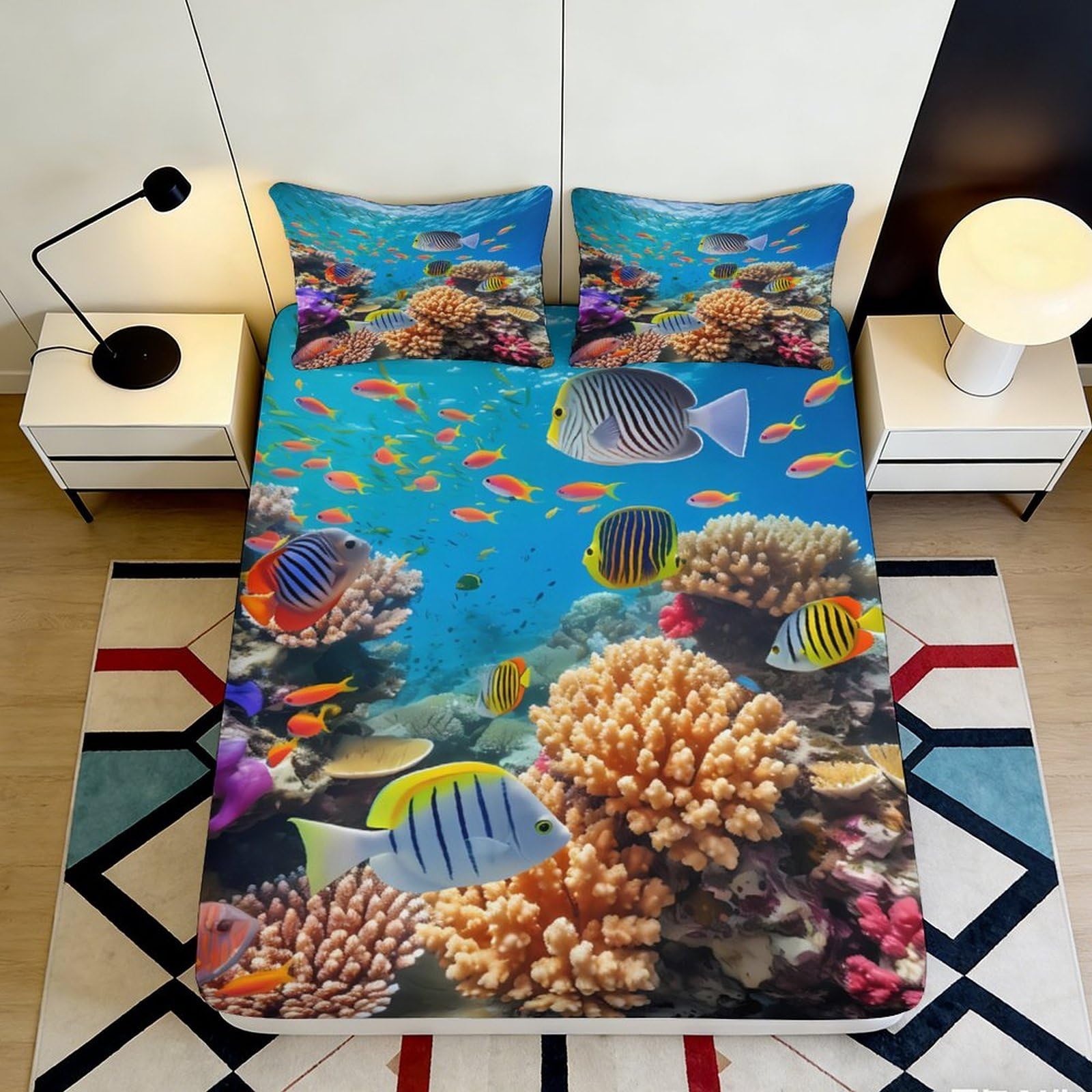 3D Printed Tropical Coral Reef Fitted Sheet Microfiber Soft Anti-Slip Ocean Fish Mattress Cover for Bedroom Guest Room 90x200x25cm