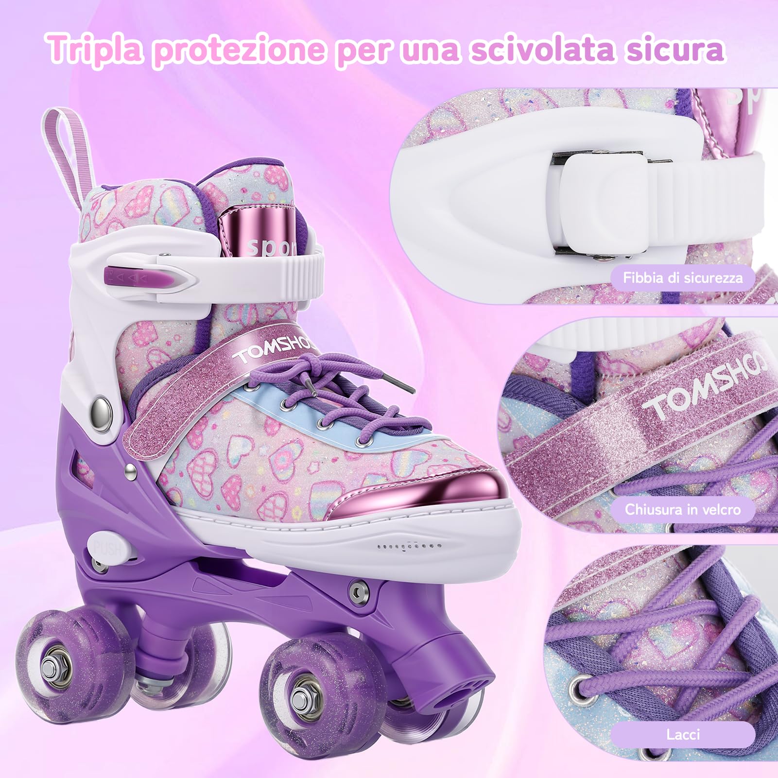 TOMSHOO Pattini a Rotelle Bambina, Pattini 4 Ruote Regolabili con Ruote Luminose LED, Roller Quad Principiante 3-12 Anni, Rollerblade Bambina per Interni ed Esterni, Regalo
