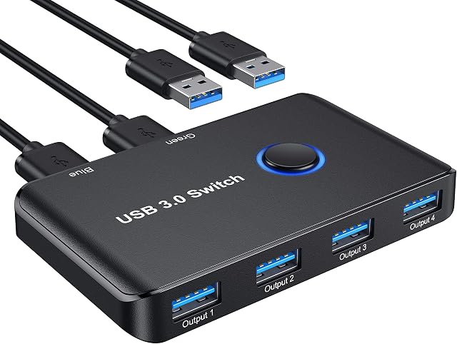 ABLEWE USB 3.0 Switch, USB Switch Selector 2 Computers Sharing 4 USB Devices KM Switcher Box for PC, Printer, Scanner, Mouse, Keyboard with 2 Pack USB Cable(Compatible with Mac/Windows/Linux)