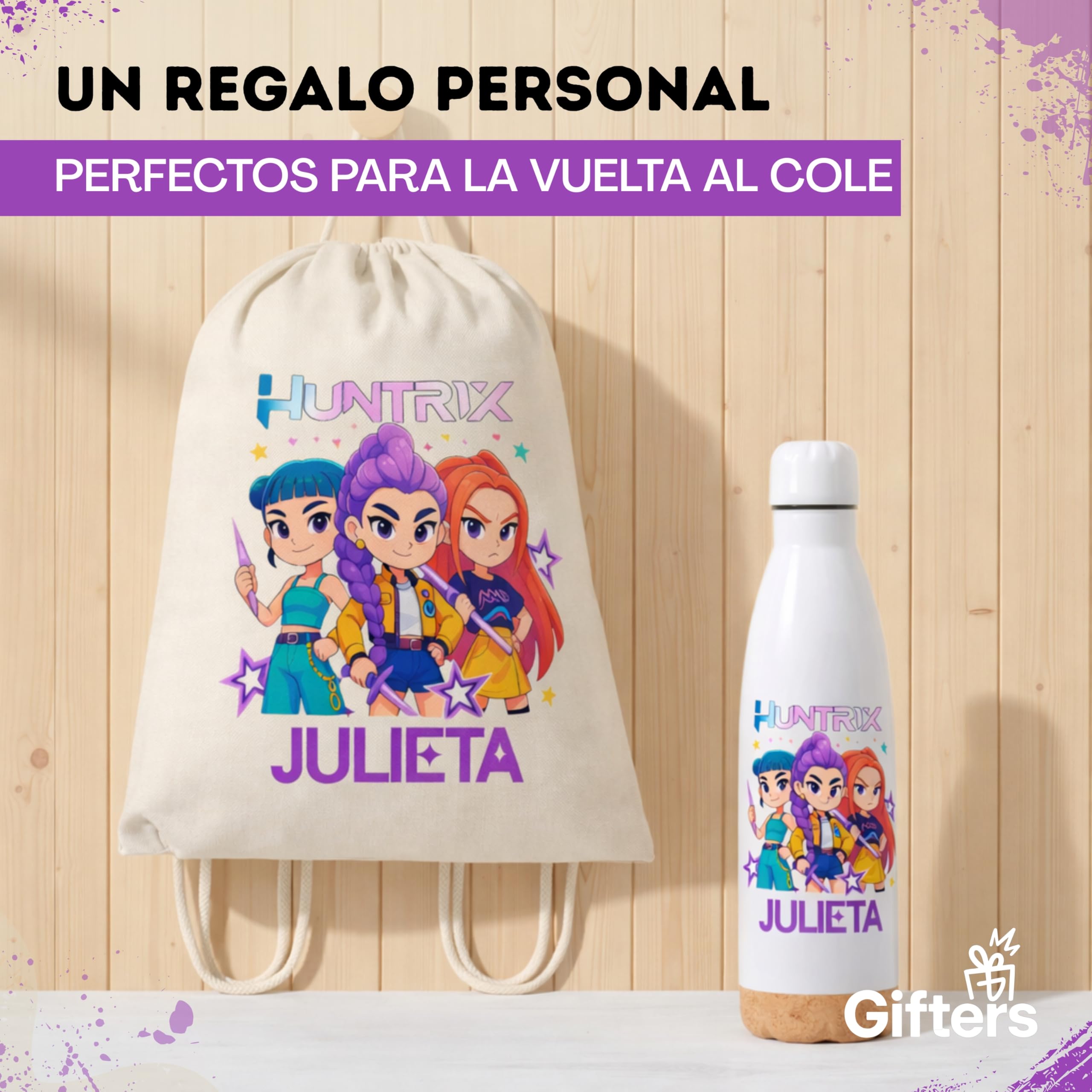 Pack Mochila de Cuerdas y Botella Personalizadas KPOP con Nombre Bolsa tela 34x42 cm Botella Acero Inox 750 ml