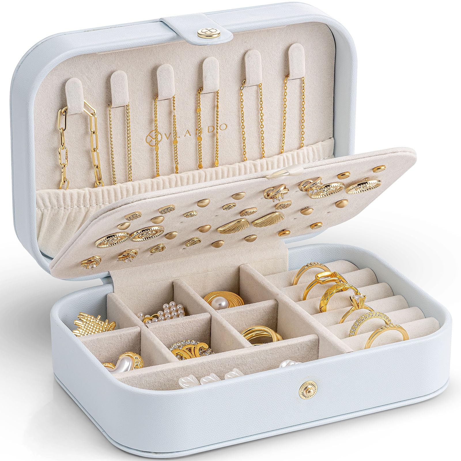 Vlando Jewellery Box, Women's Jewellery Organiser, Earring, Ring, Necklace & Lipstick Storage, Travel Case, Cream