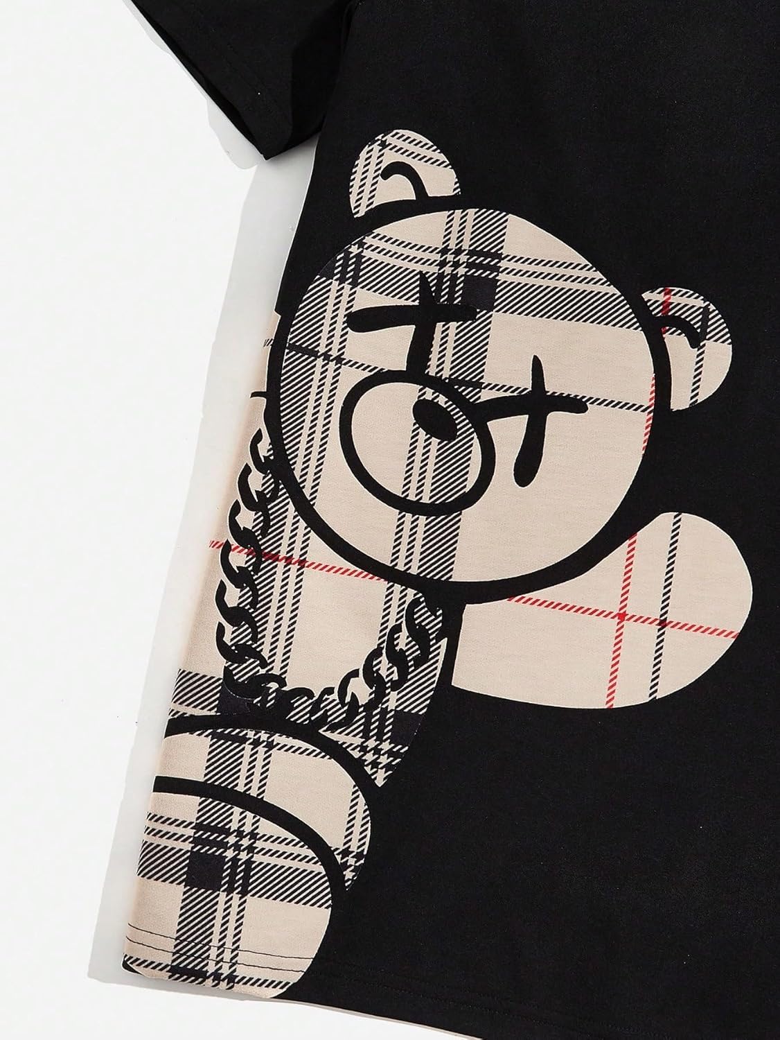 GORGLITTER Men's 2 Piece Outfits Bear Graphic Print Short Sleeve T-Shirt and Plaid Elastic Waist Pants Set