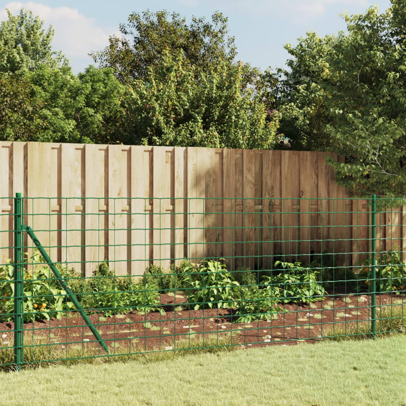 Ogrodzenie z siatki drucianej zielone 0,8 m x 25 m – ocynkowana stal powlekana PCW, grubość drutu 1,55 mm, siatka 100 x 100 mm, z 11 słupkami, 2 rozpórkami, 11 kołnierzami podłogowymi – do
