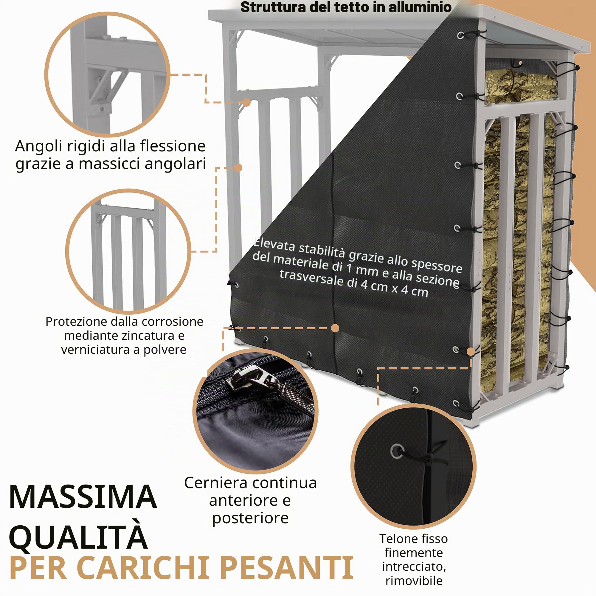 Portalegna da Esterno Coperto con Tetto 188x70x188 cm Argento Zincato | 45 kg, Metallo, Capacità 3t, Con Telone, Legnaia da Esterno