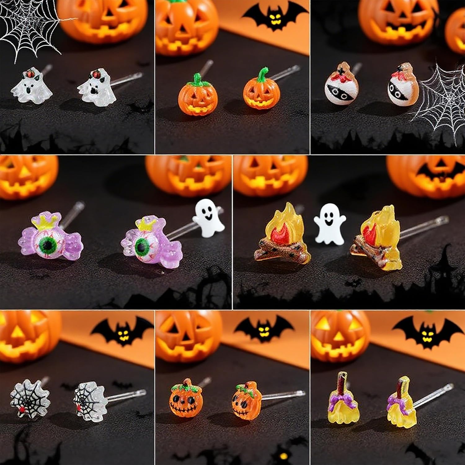 8 Pairs Plastic Earrings for Sensitive Ears Cute Spider Web Pumpkin Ghost Bat Studs Halloween Earrings for Women