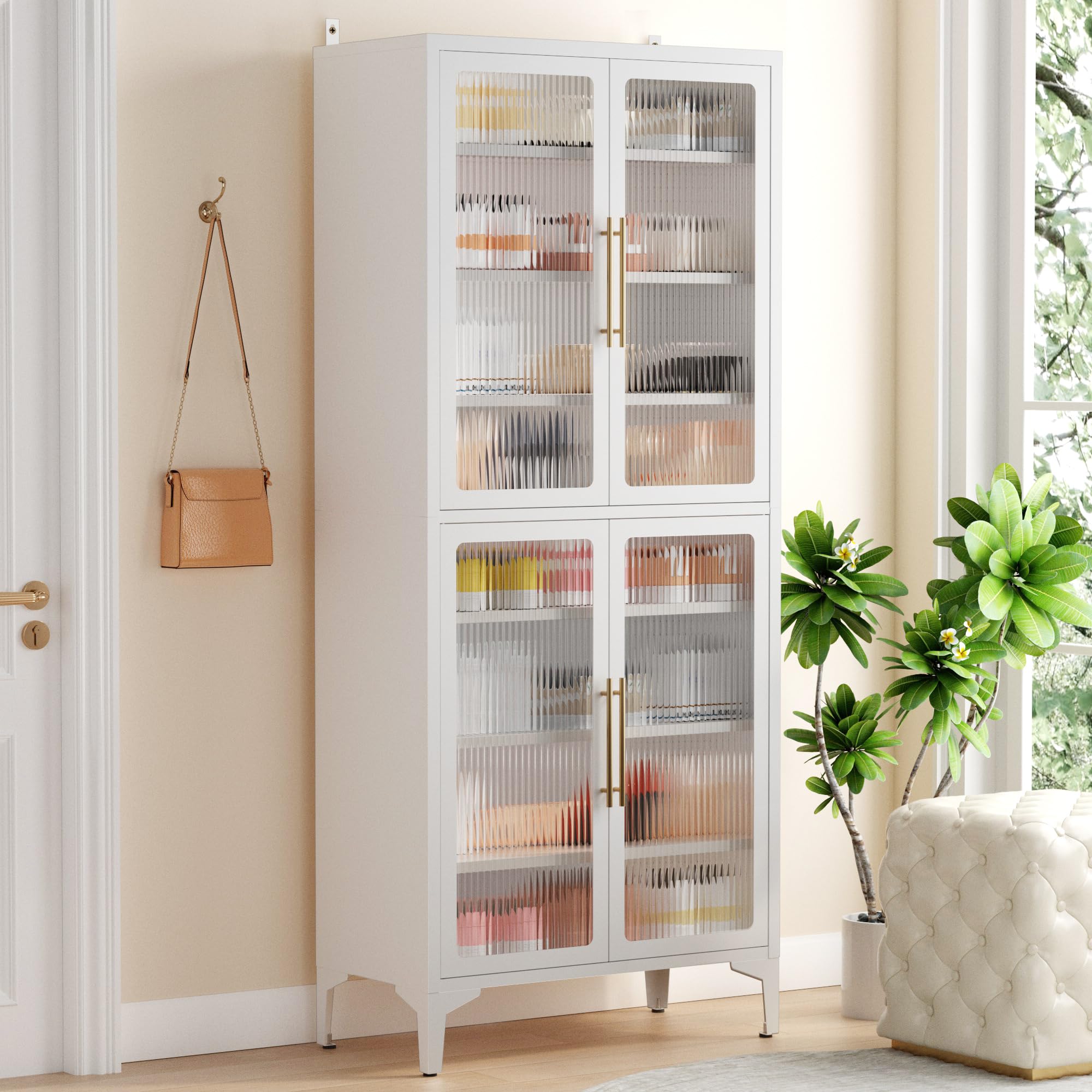 8-Tier Tall Shoe Cabinet with 4 Doors, 65" Large Shoe Closet with Adjustable Shelves, 24-32 Pairs Metal Shoe Storage Cabinet Organizer Rack for Entryway Hallway Living Room White-01