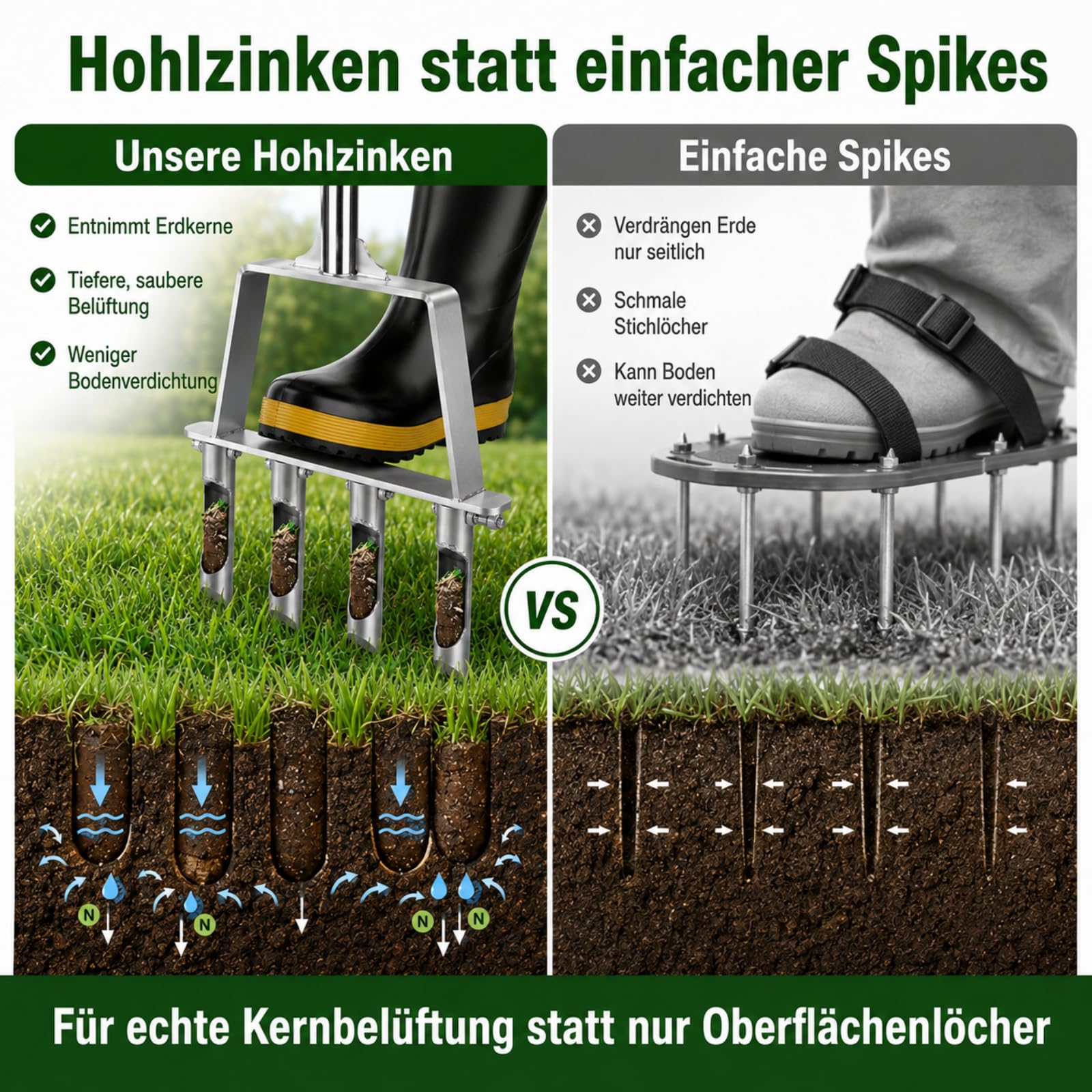 Rasenlüfter aus Edelstahl, 4 Zinken Hohlzinken, Manueller Rasenbelüfter & Aerifizierer für Verdichteten Boden, Lehmboden & Sandboden, Verstopfungsfrei für Hobbygärtner & Rasenpflege