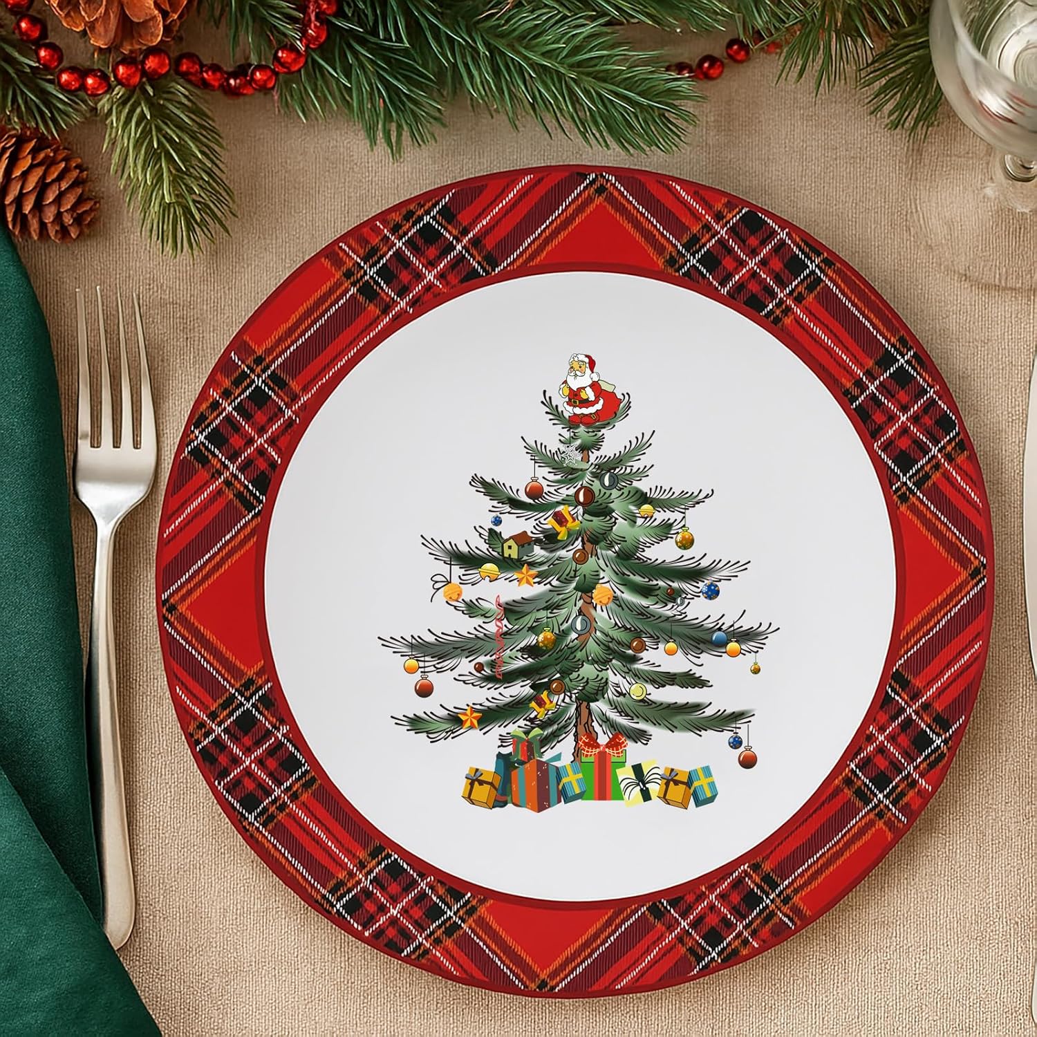 Christmas Tree Plates Set of 4, Christmas Dinner Plates with Red Edge, Xmas Porcelain Plates for Porcelain Plate Set of 4 for Xmas 10.5 Inch