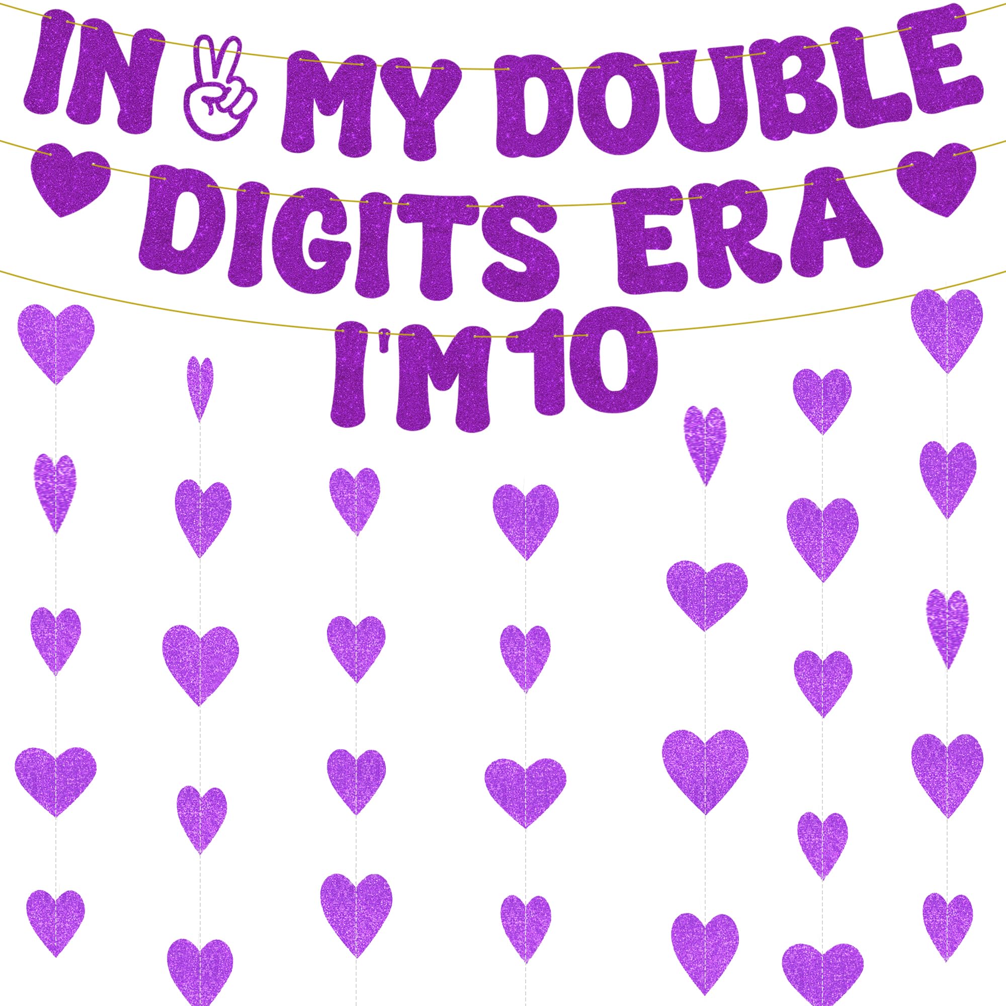 Aurmonigo 10th Birthday Decorations Girl - Purple In My Double Digits Era I'm 10 Banner Heart Garland, Hanging Decoration for 10-Year-Old Girls Happy Birthday Party Supplies