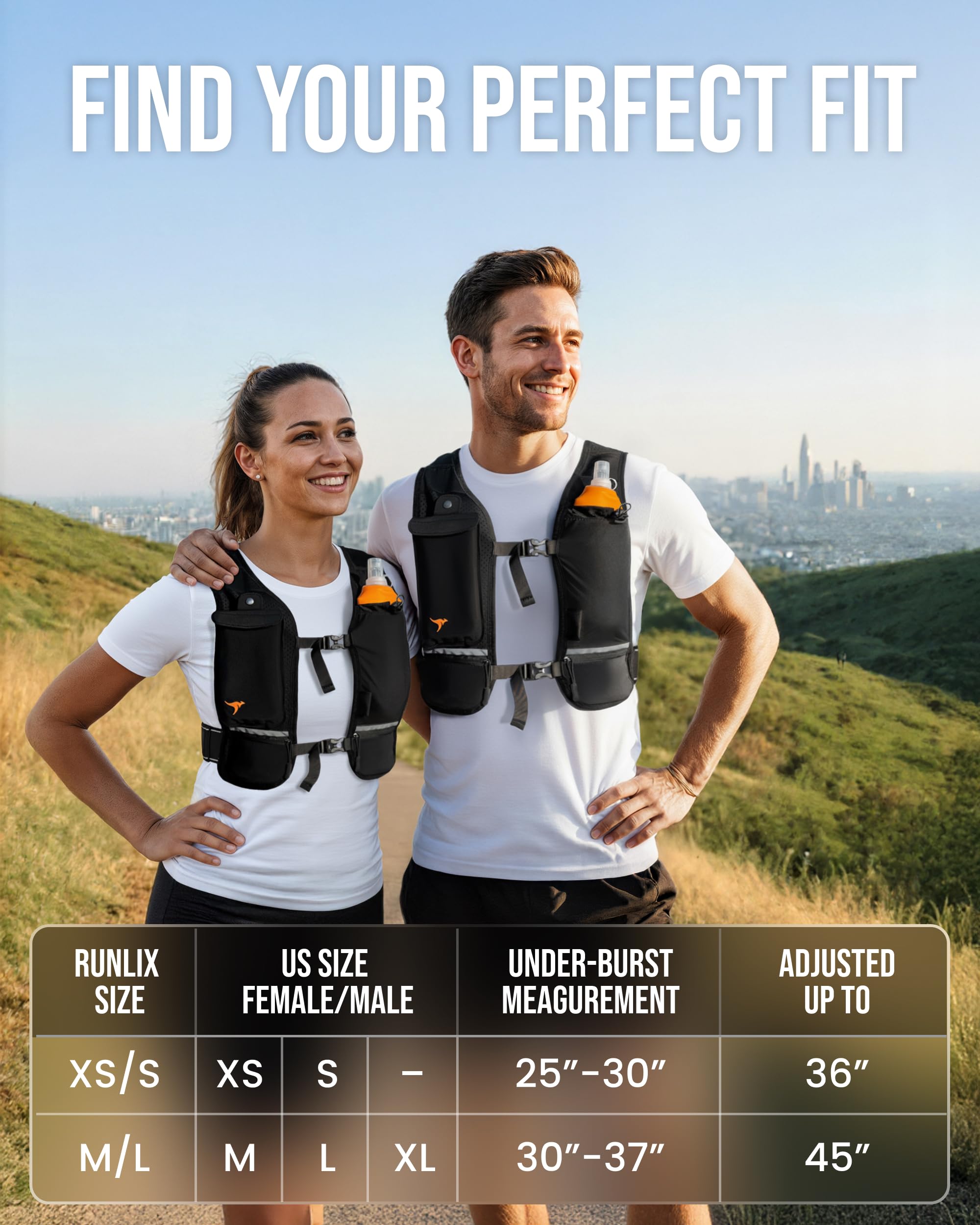 Laufweste für Damen und Herren – reflektierende Laufweste mit 500 ml weicher Wasserflasche, Handyhalter, 2 LED-Lichter, wiederaufladbar über USB – 7 Taschen, Läufer, Rucksack, Trail-Jogging