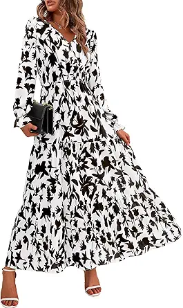 BTFBM Women Fall Dresses 2025 Casual Long Sleeve V Neck Maxi Dresses Floral Boho Long Dress Wedding Guest Dress