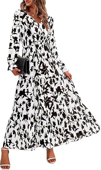 BTFBM Women Fall Dresses 2025 Casual Long Sleeve V Neck Maxi Dresses Floral Boho Long Dress Wedding Guest Dress