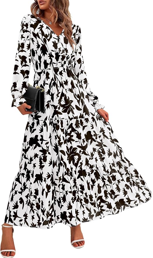 BTFBM Women Fall Dresses 2025 Casual Long Sleeve V Neck Maxi Dresses Floral Boho Long Dress Wedding Guest Dress