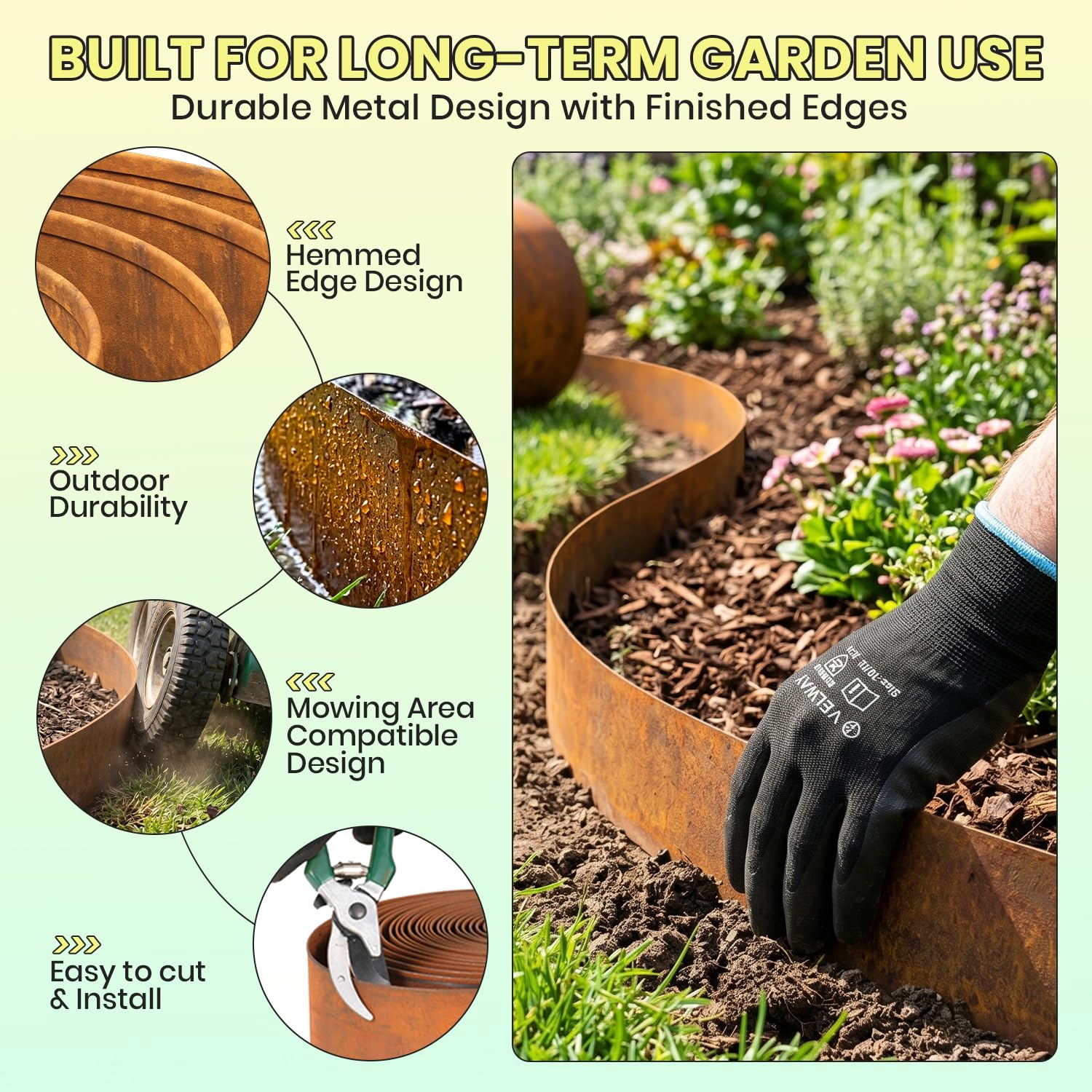 Velway Bordura Acero Corten 10m x 14cm Borde Metálico Jardín Efecto Óxido | Separador de Césped, Grava y Parterres | Fácil Instalación, Incluye Guantes