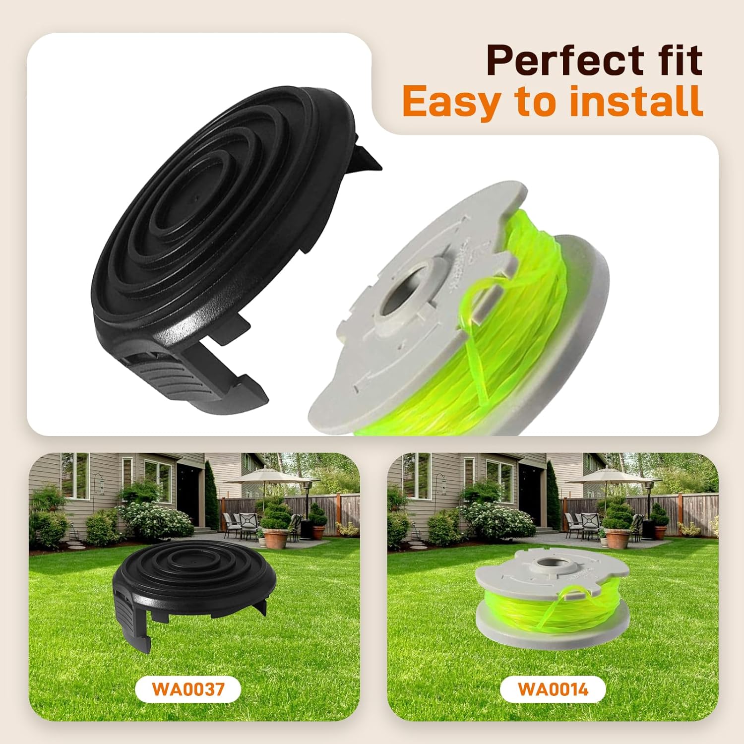 WA0014 Replacement Spool Compatible with Worx WG168 WG184 WG190 WG191 Cordless String Trimmers，Replacement Spool 20ft 0.080" Line and WA0037 Cap Covers 12Pack-10Spools + 2Cap